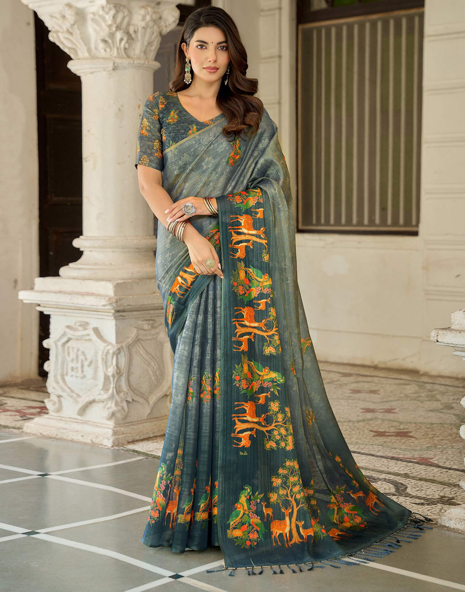 Grey Shimmer Silk Printed Saree