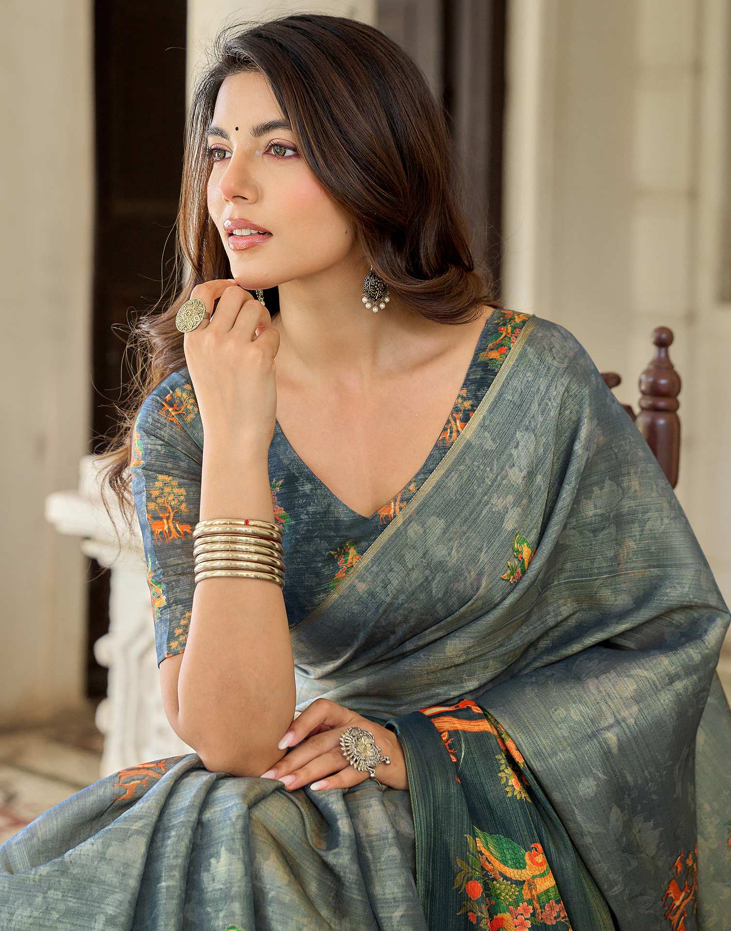 Grey Shimmer Silk Printed Saree