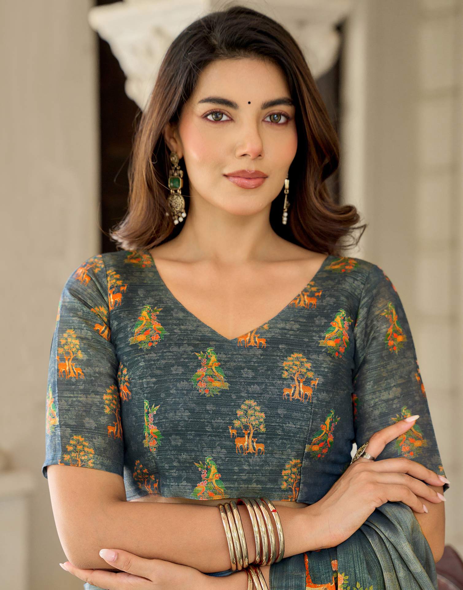 Grey Shimmer Silk Printed Saree