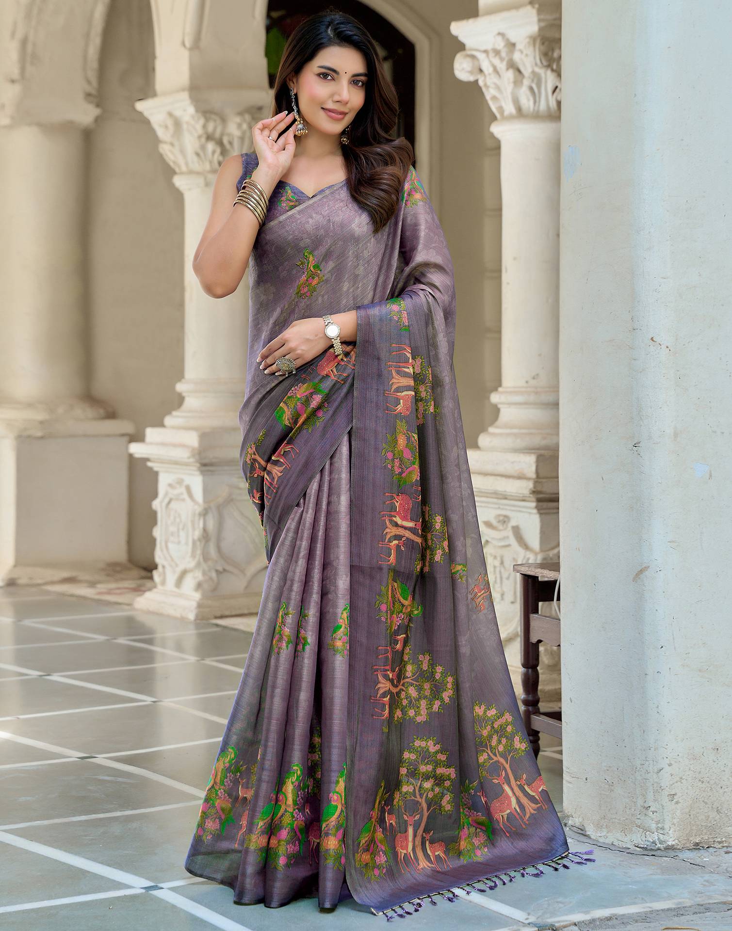 Dusty Purple Shimmer Silk Printed Saree
