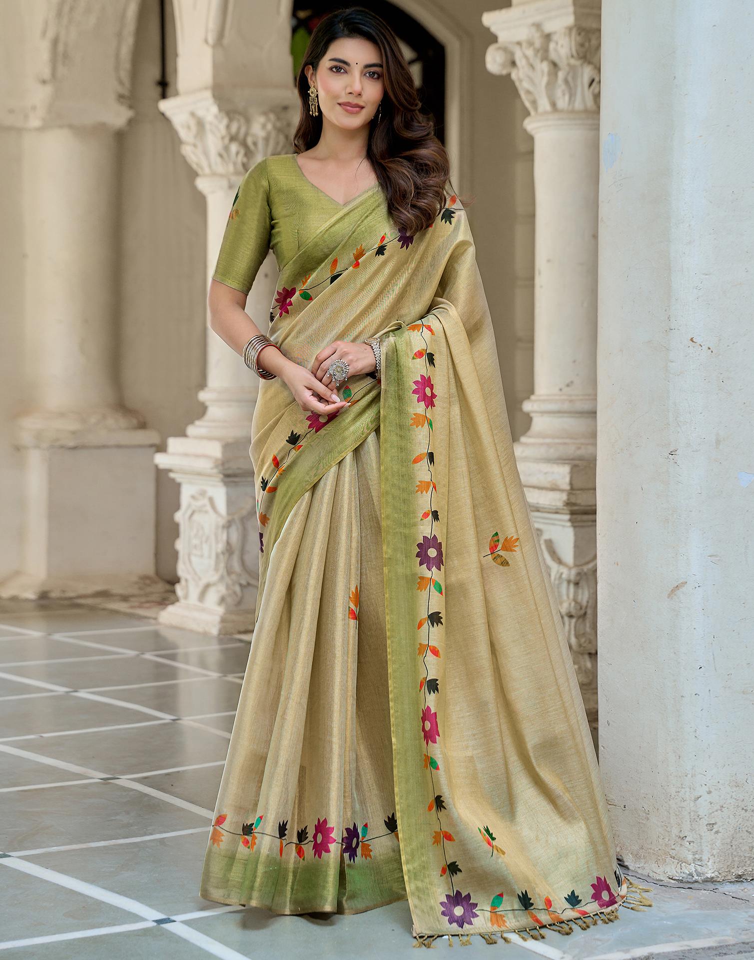 Beige Shimmer Silk Printed Saree