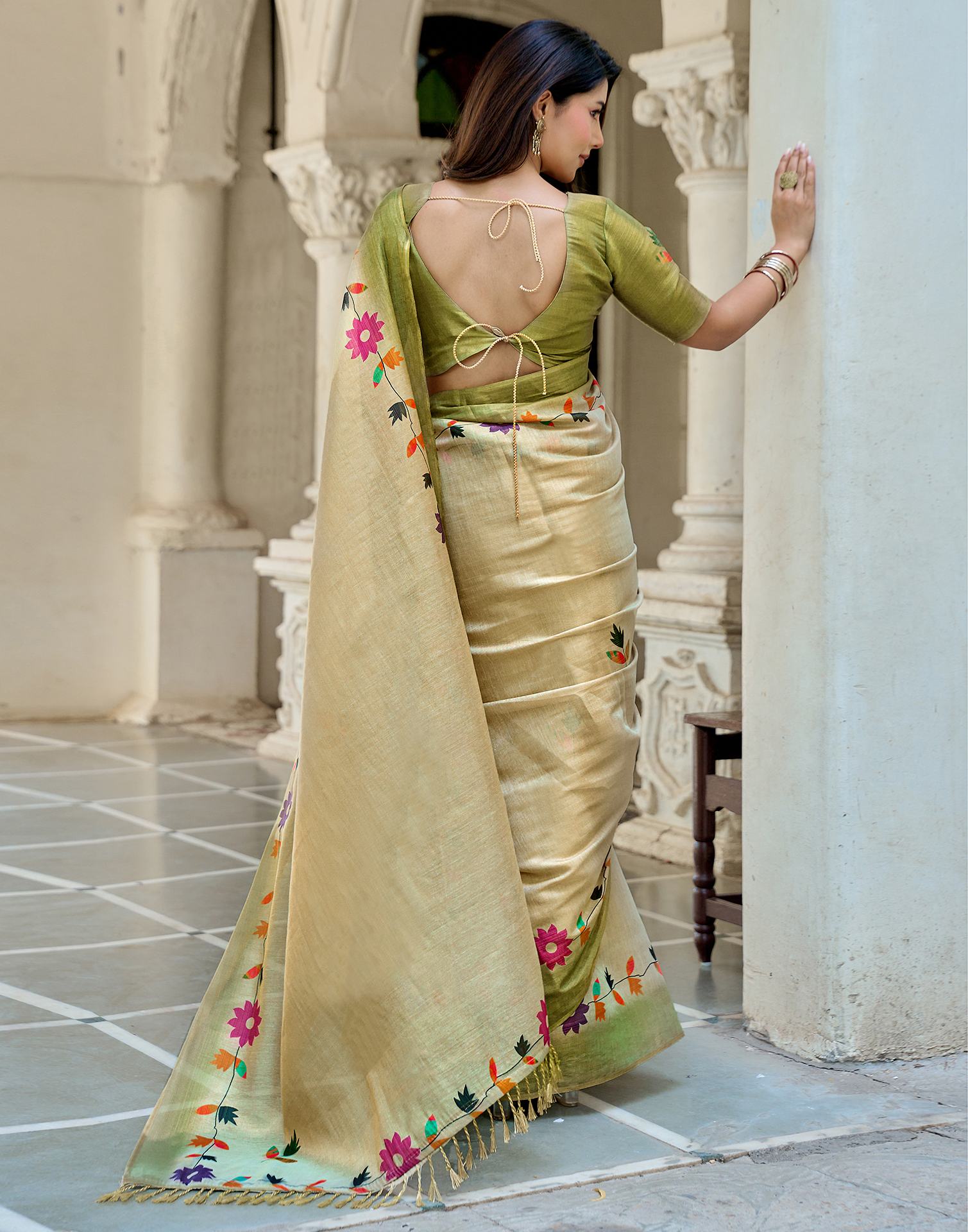 Beige Shimmer Silk Printed Saree