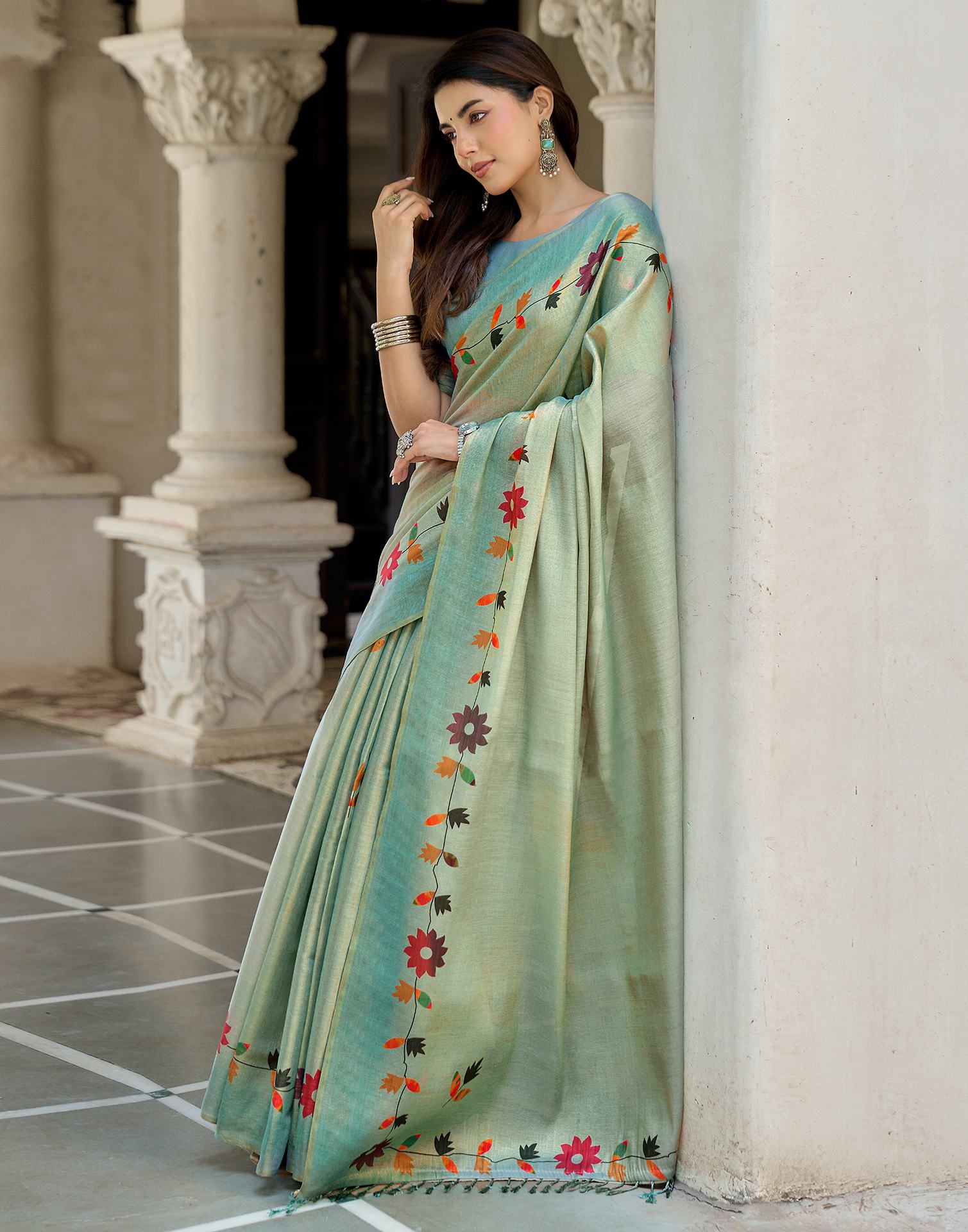 Dusty Mint Blue Shimmer Silk Printed Saree