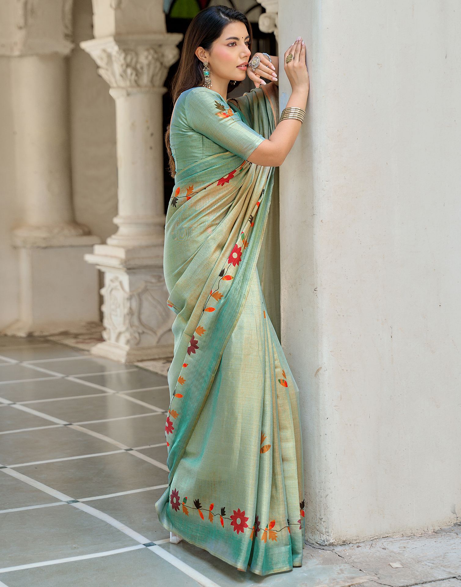 Dusty Mint Blue Shimmer Silk Printed Saree