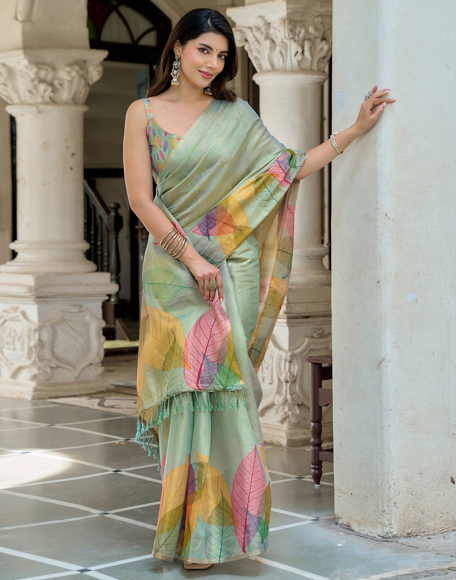 Mint Blue Shimmer Silk Printed Saree