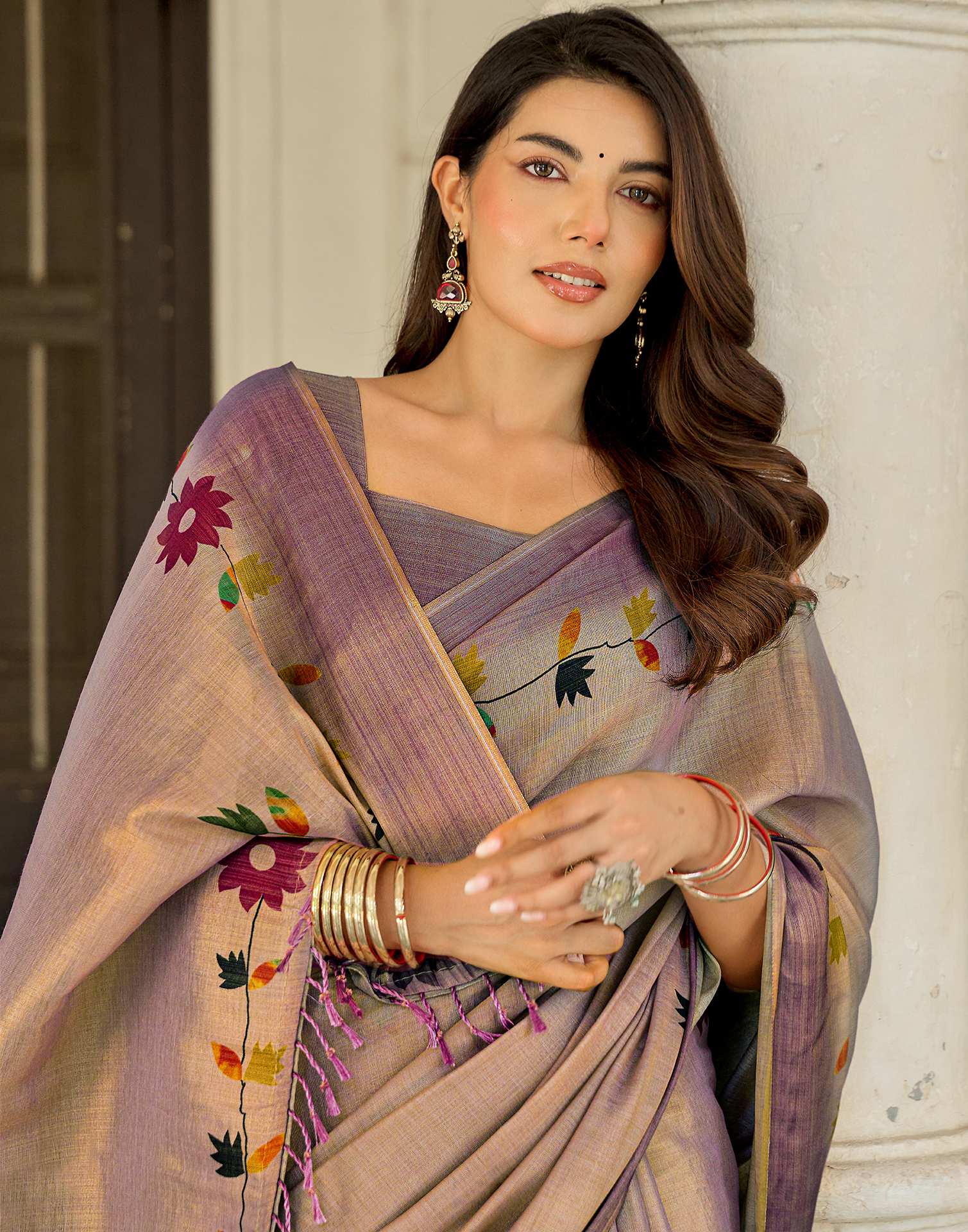 Dusty Mauve Shimmer Silk Printed Saree