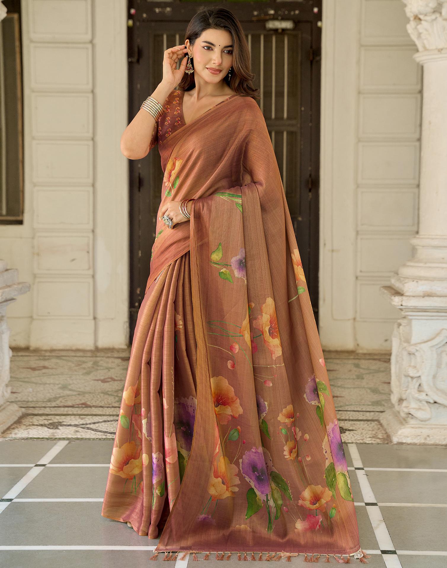 Rust Shimmer Silk Printed Saree