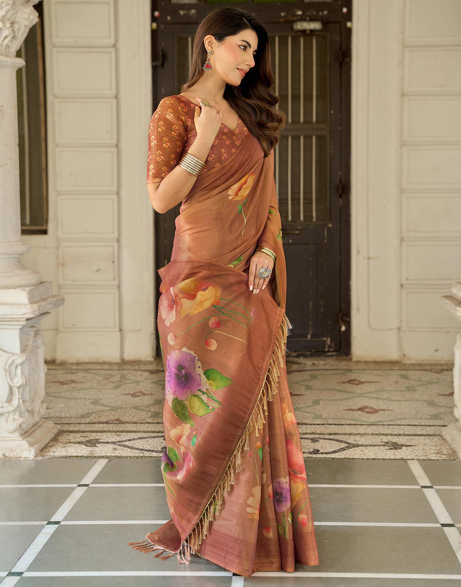 Rust Shimmer Silk Printed Saree
