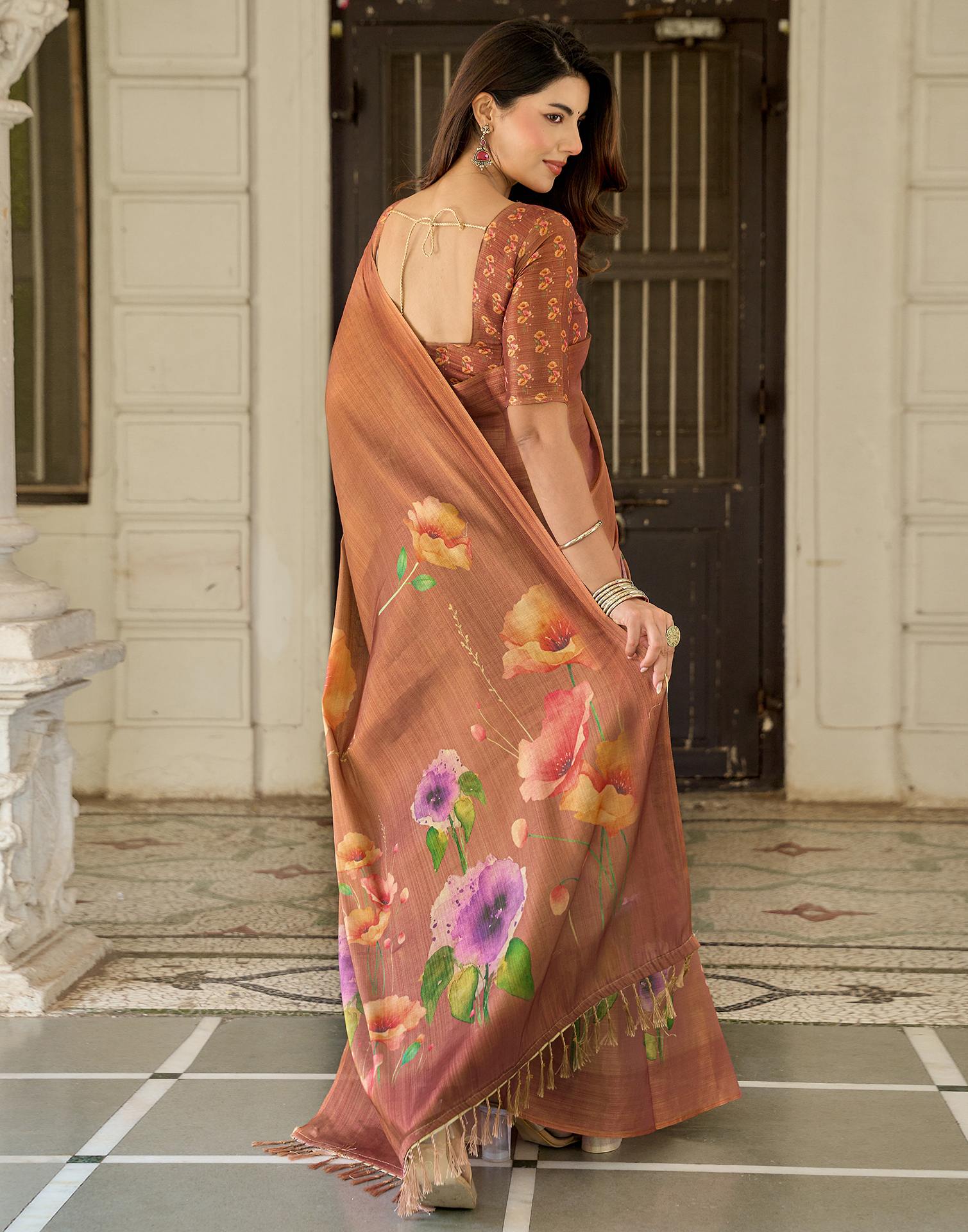 Rust Shimmer Silk Printed Saree