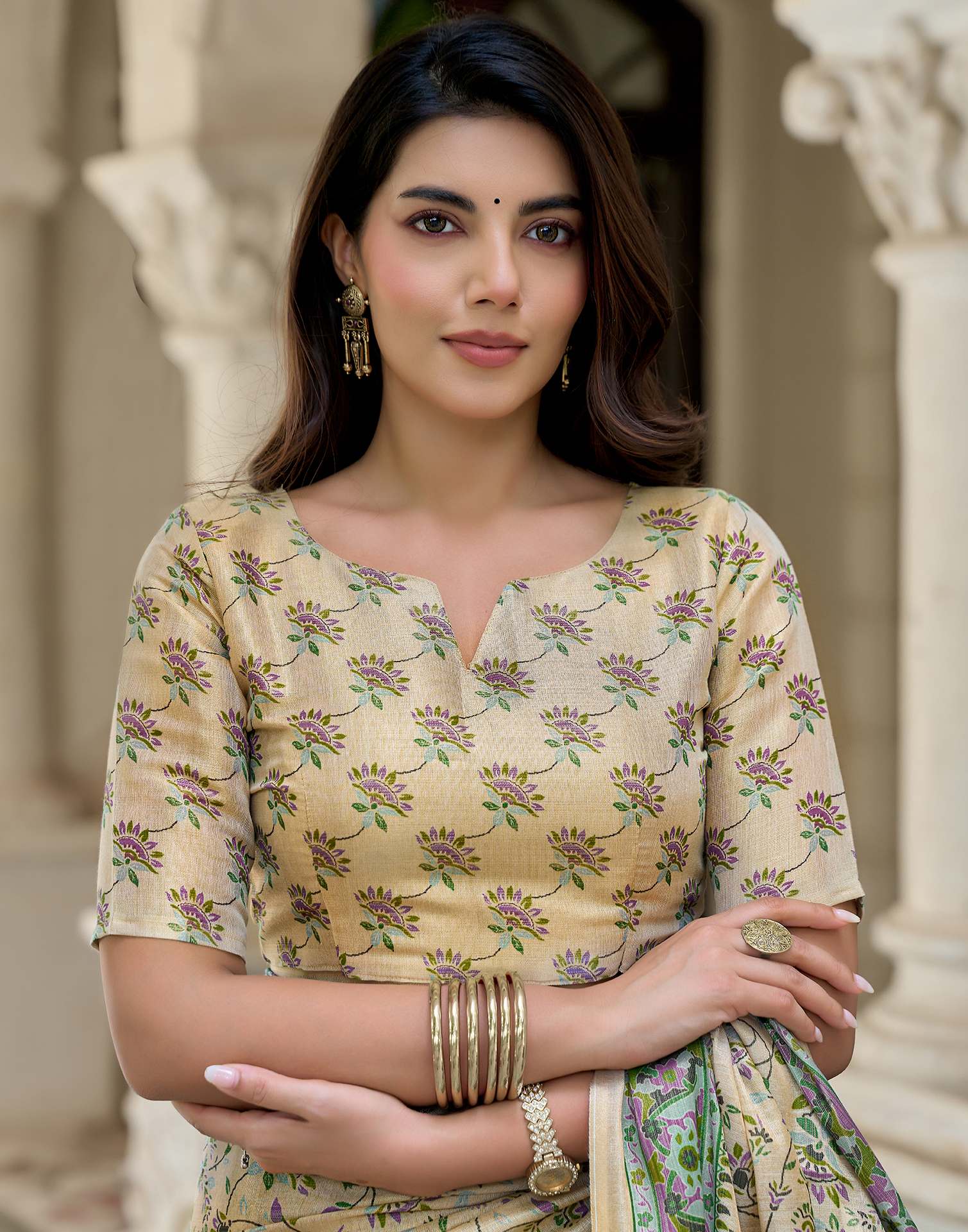 Beige Shimmer Silk Printed Saree
