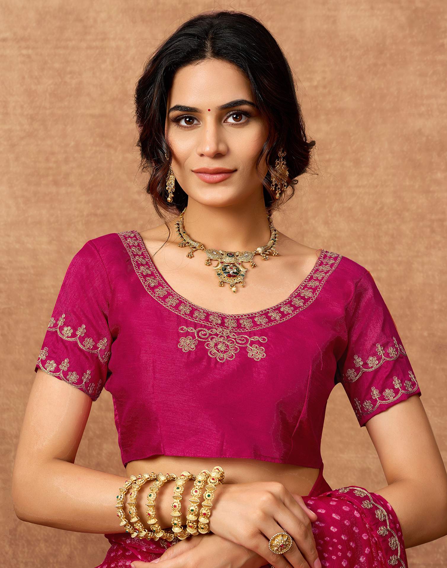 Pink Chiffon Bandhani Printed Lace Saree