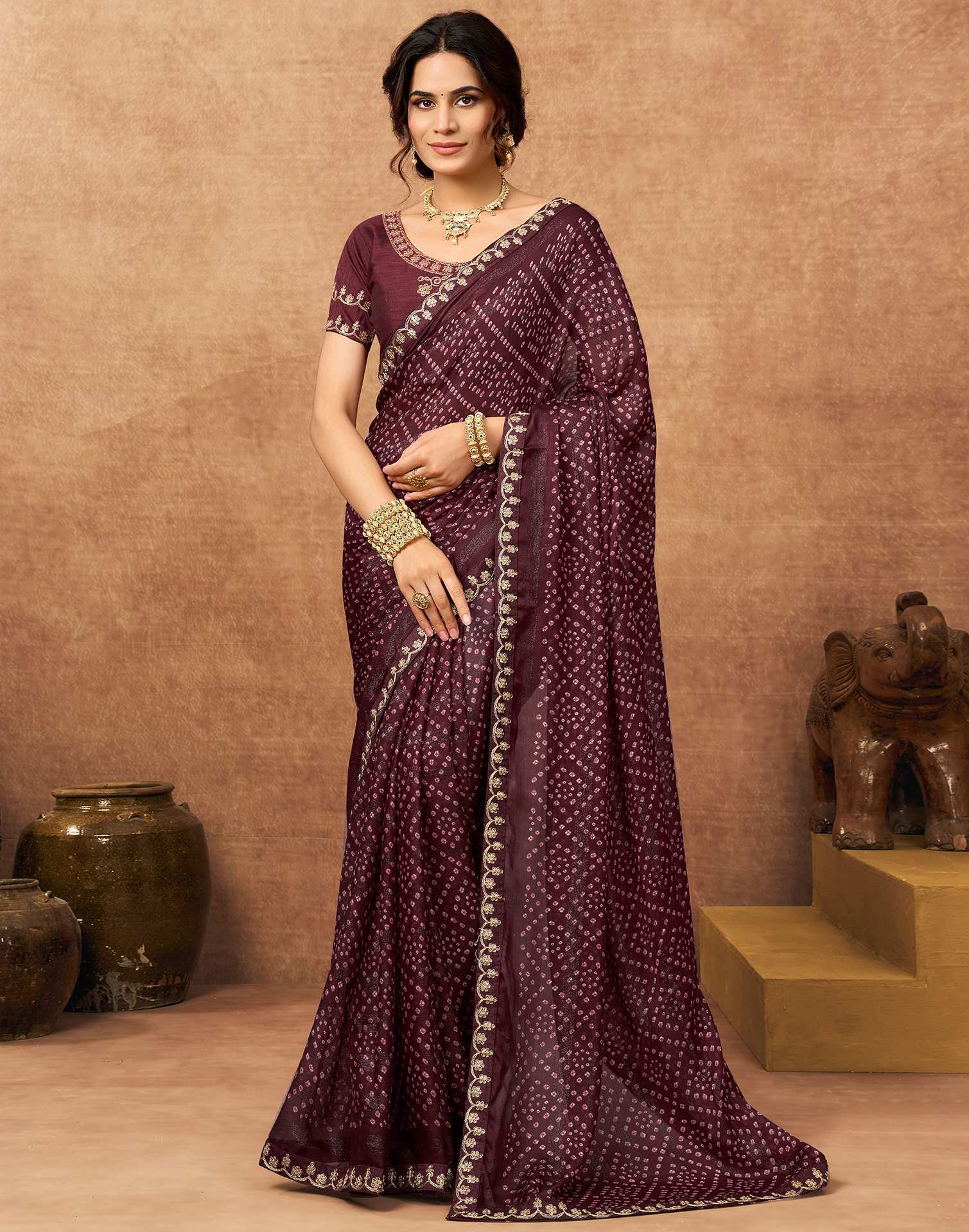 Dark Maroon Chiffon Bandhani Printed Lace Saree