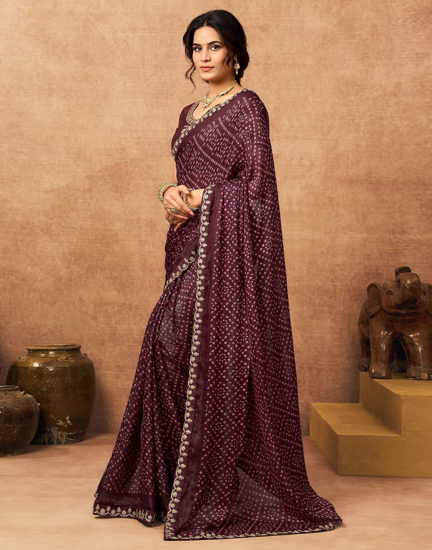 Dark Maroon Chiffon Bandhani Printed Lace Saree