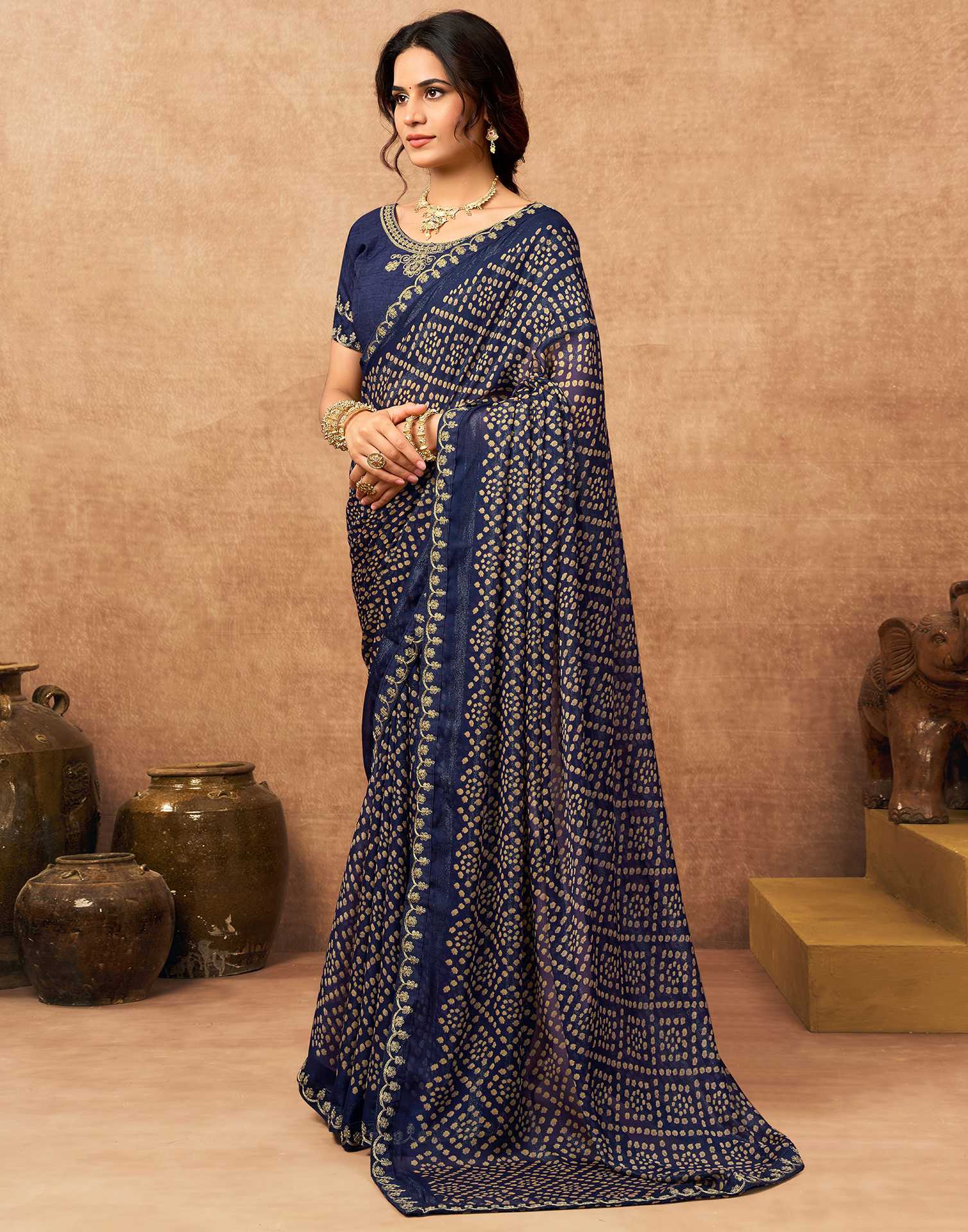 Navy Blue Chiffon Bandhani Printed Lace Saree