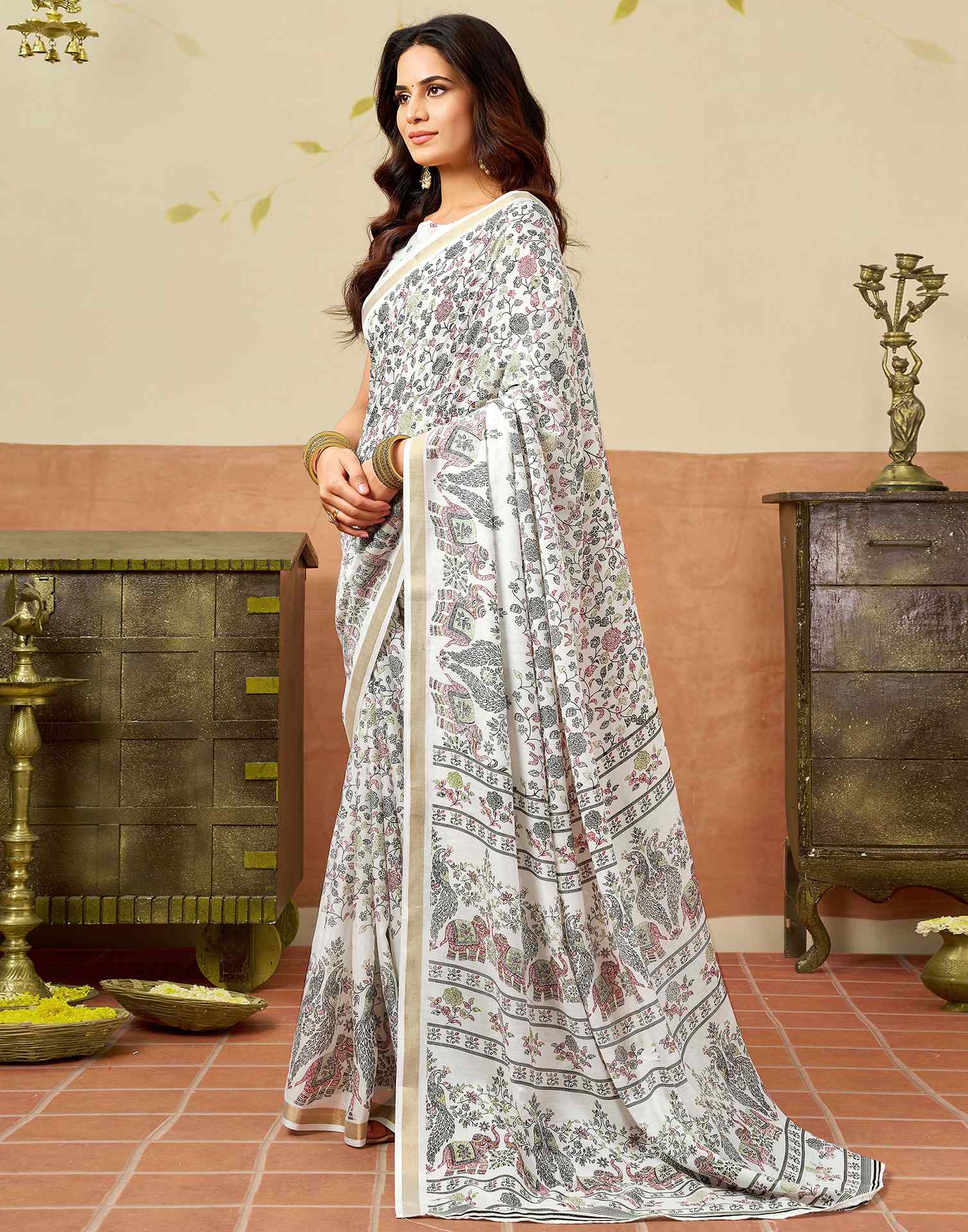 White Silk Printed Saree