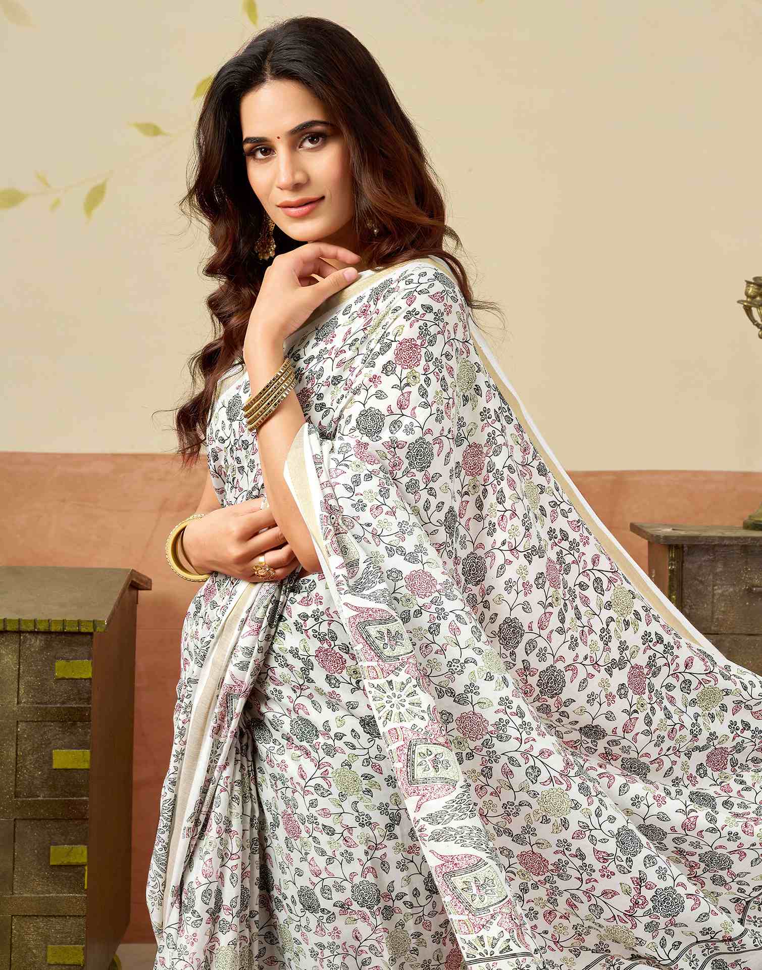 White Silk Printed Saree