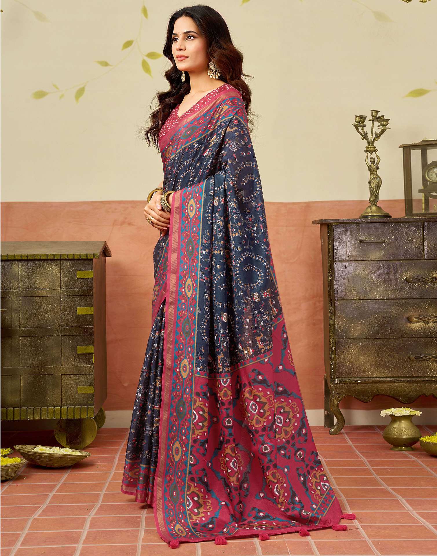Navy Blue Silk Warli Printed Saree