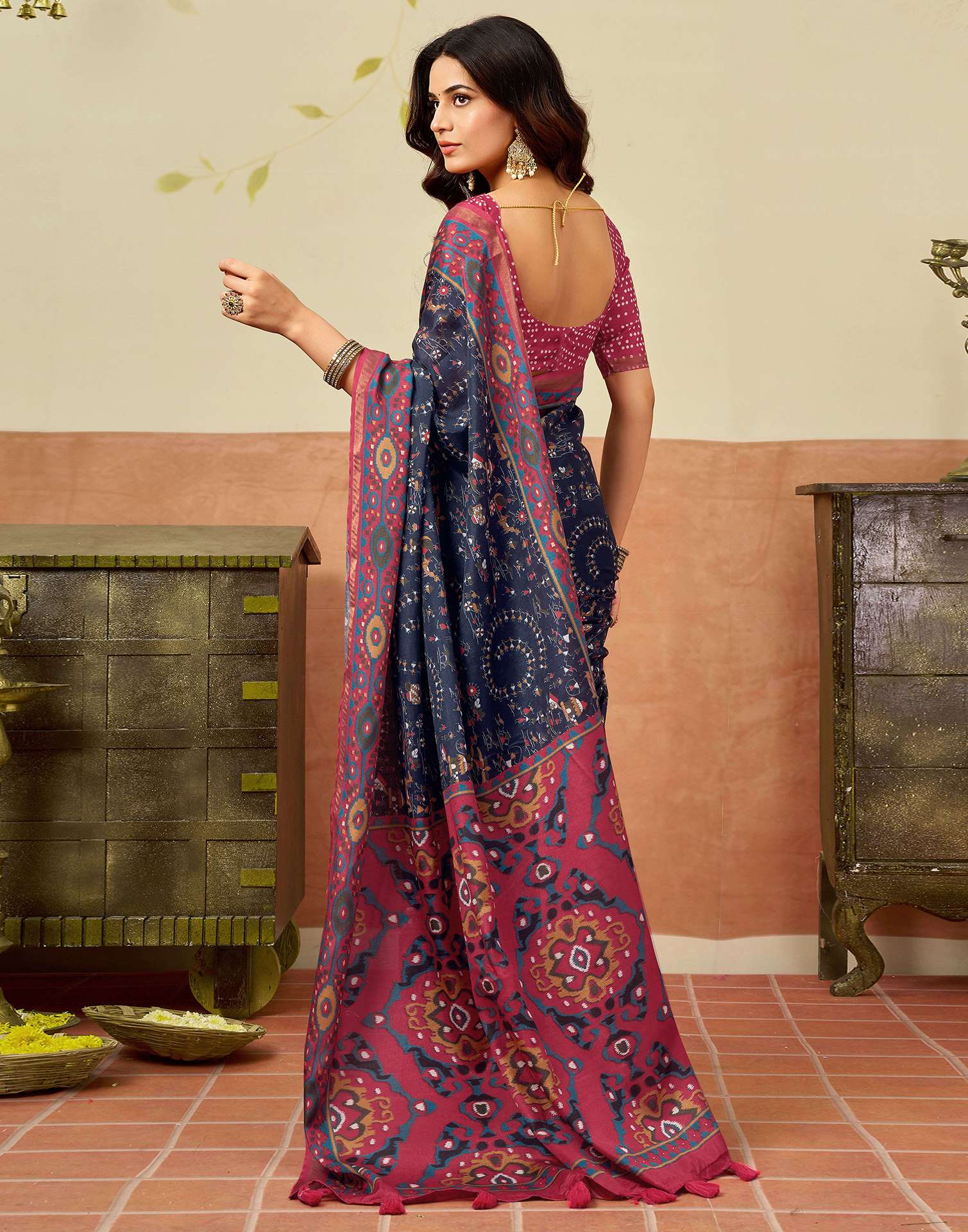 Navy Blue Silk Warli Printed Saree