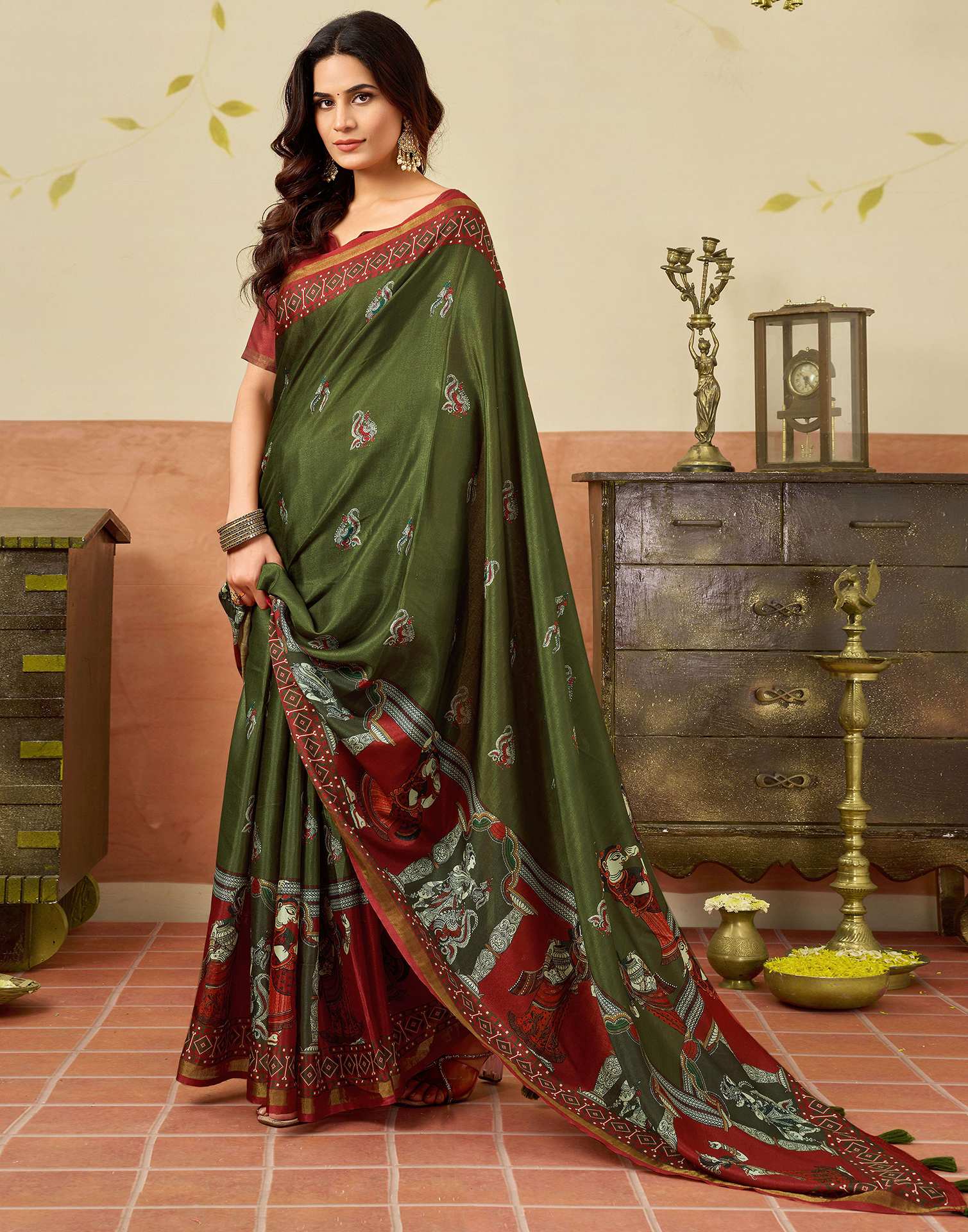 Mehendi Green Silk Printed Saree