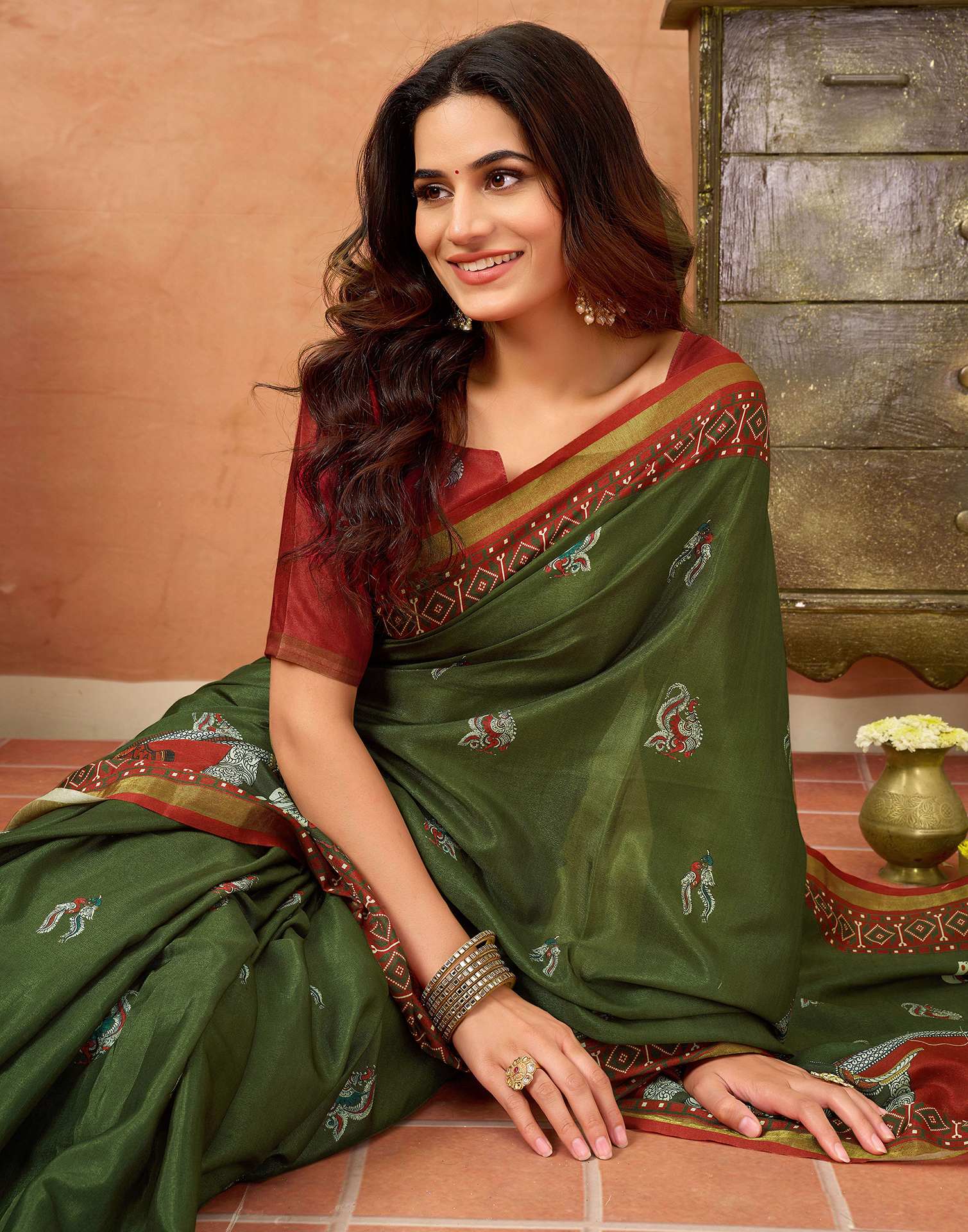 Mehendi Green Silk Printed Saree