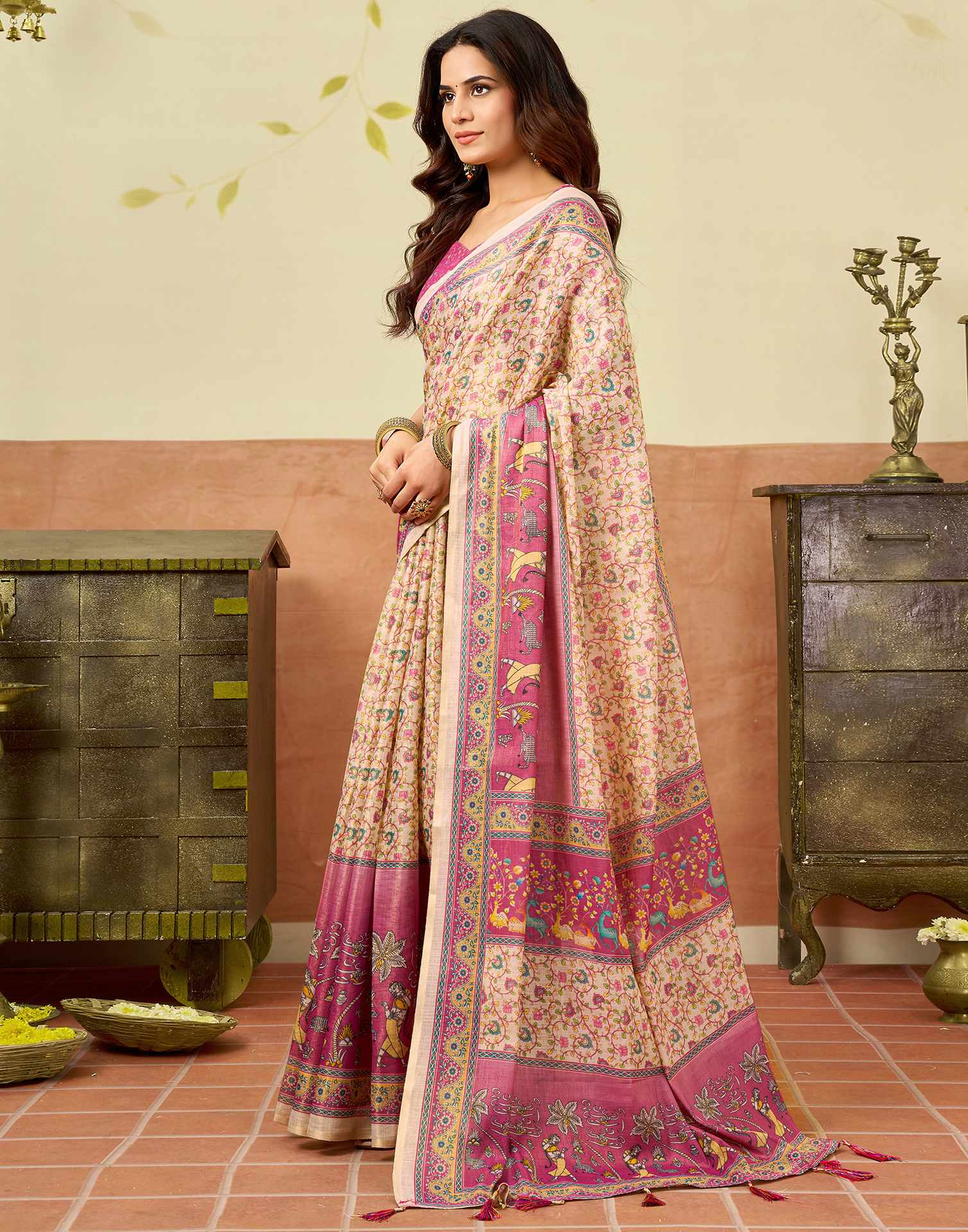 Beige Silk Printed Saree