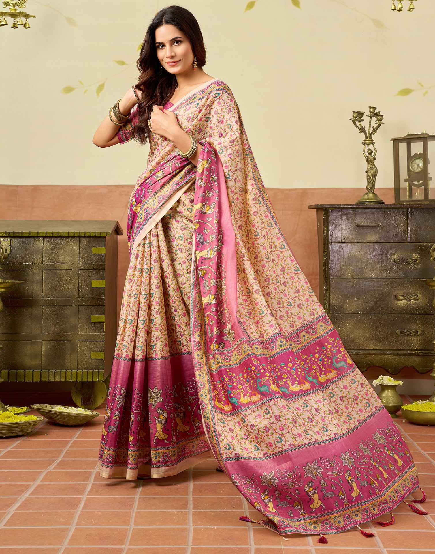 Beige Silk Printed Saree