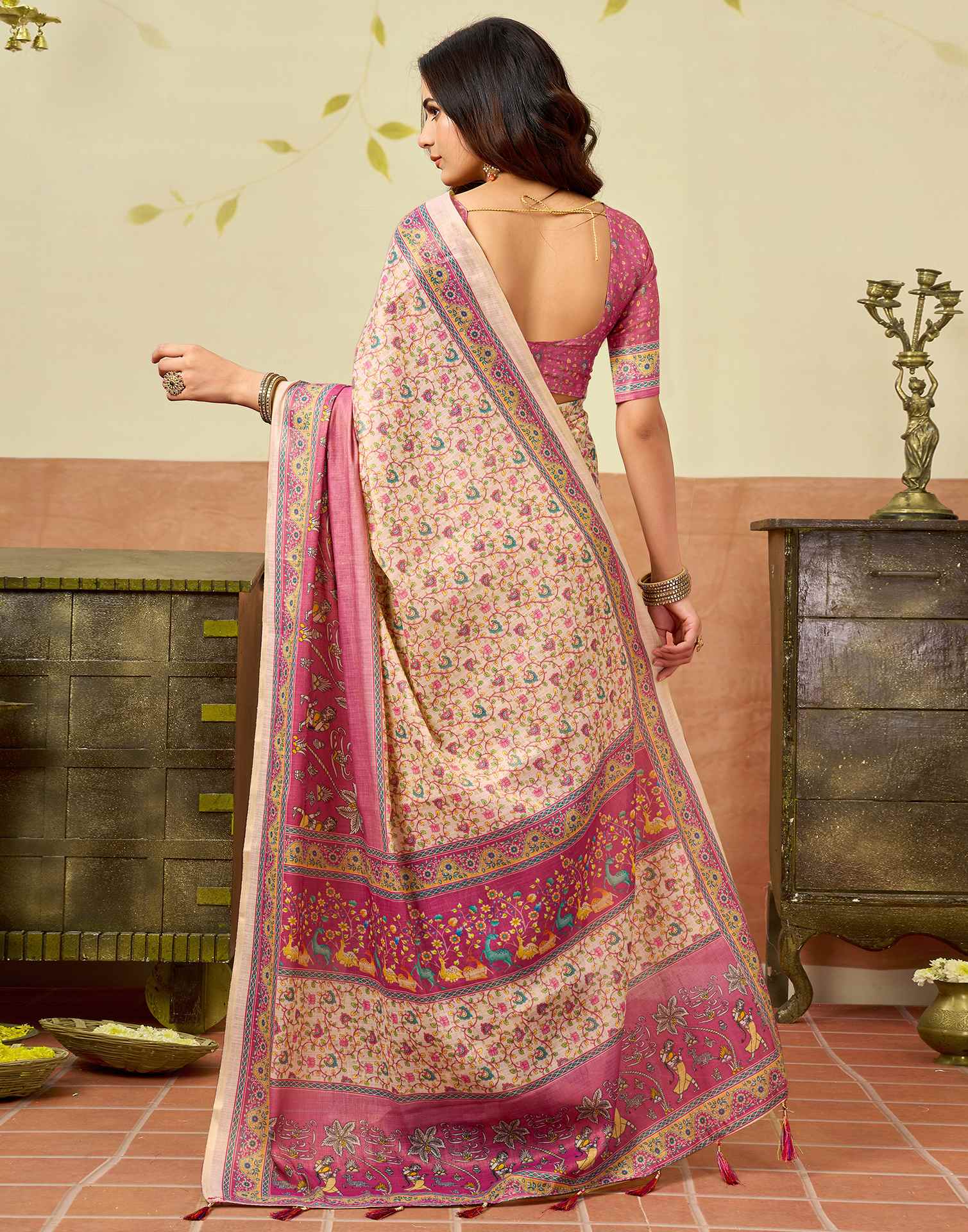 Beige Silk Printed Saree