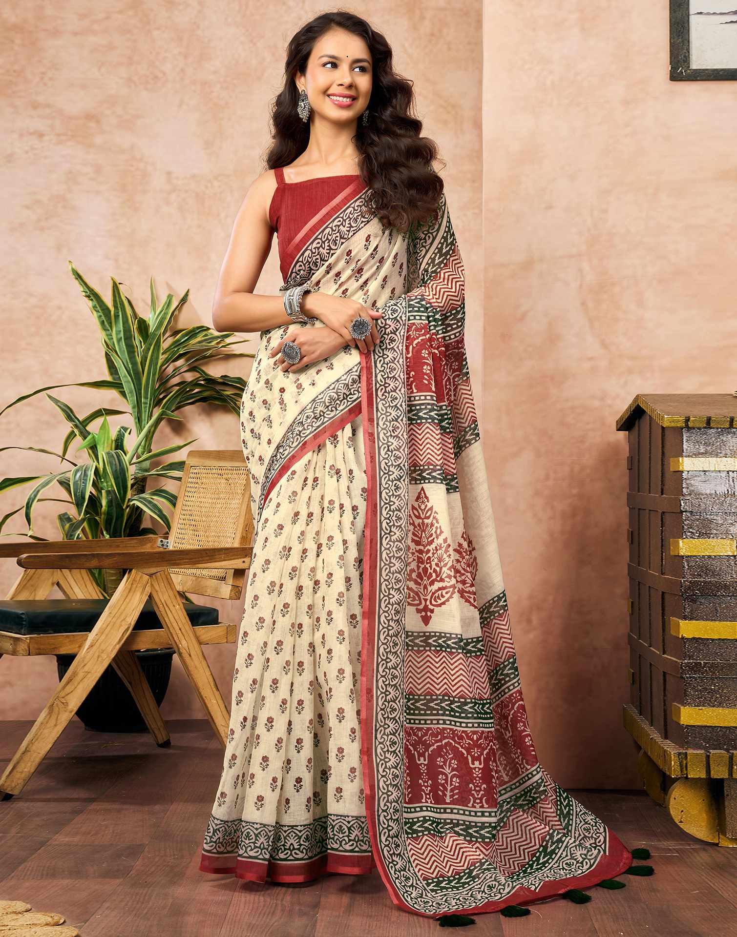 Beige Linen Floral Printed Saree