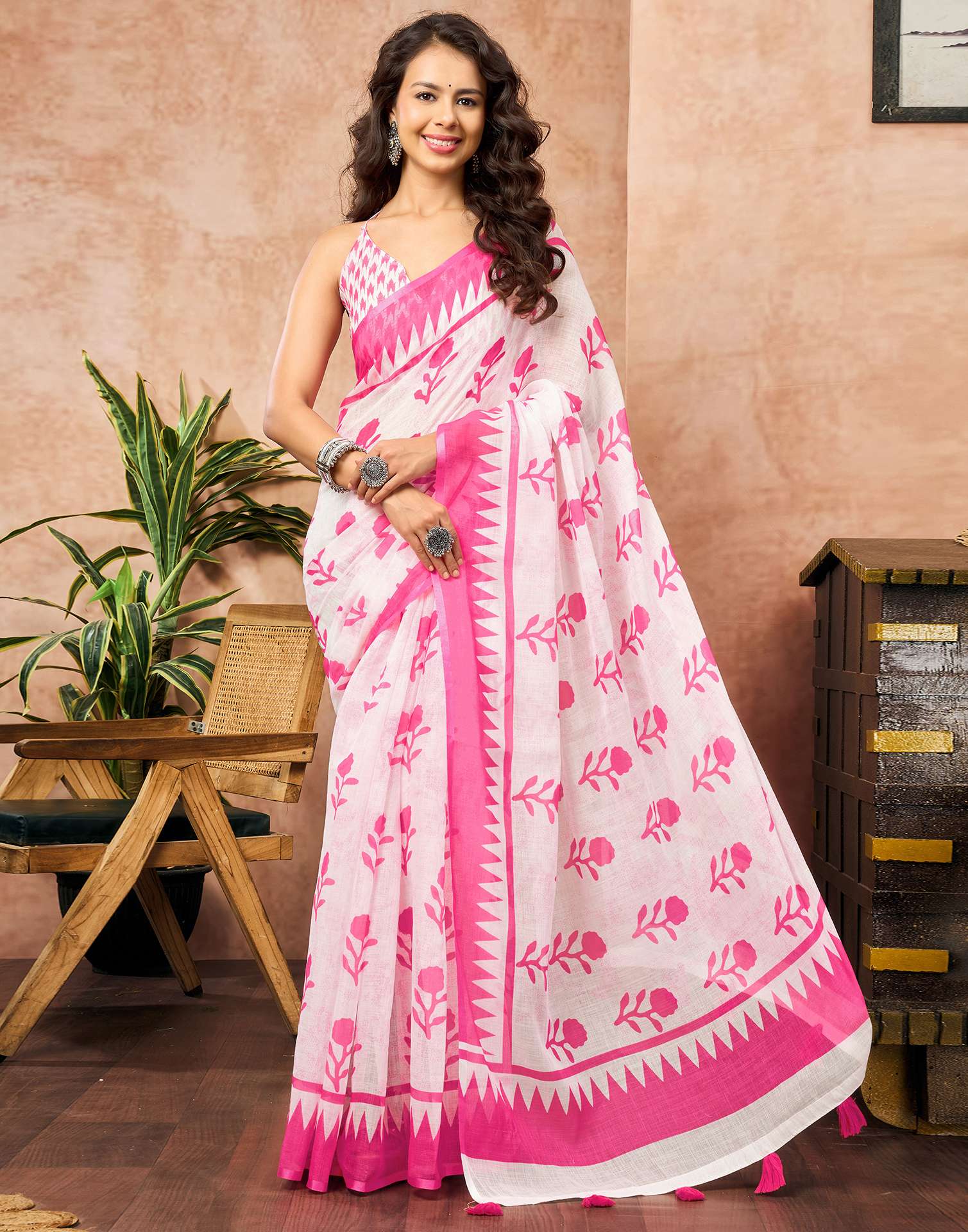 White Linen Floral Printed Saree