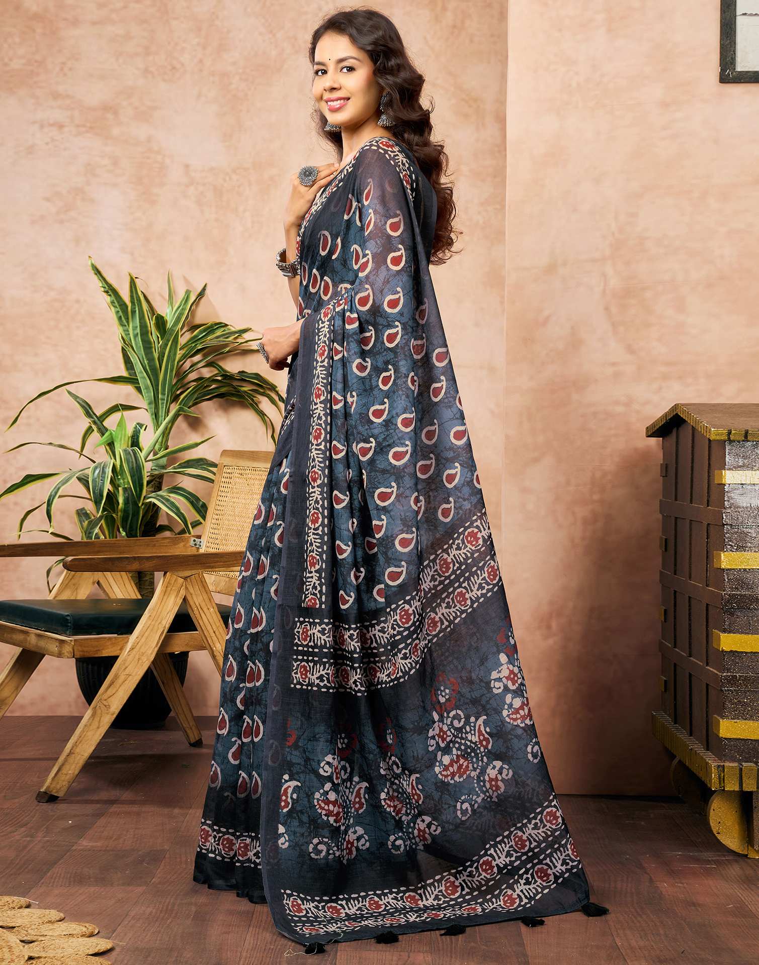 Dusty Blue Linen Printed Kalamkari Saree