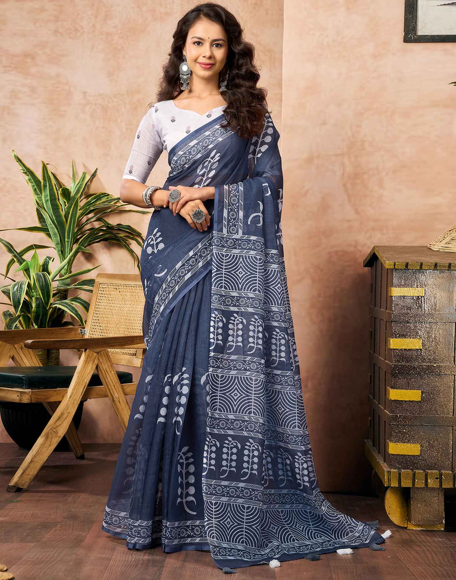 Navy Blue Linen Printed Saree