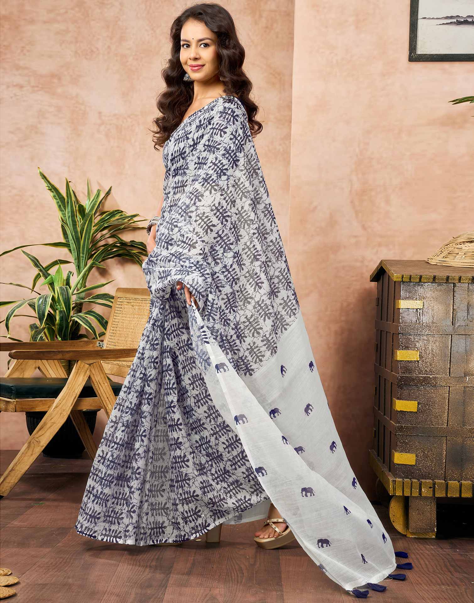 Off White Linen Printed Saree
