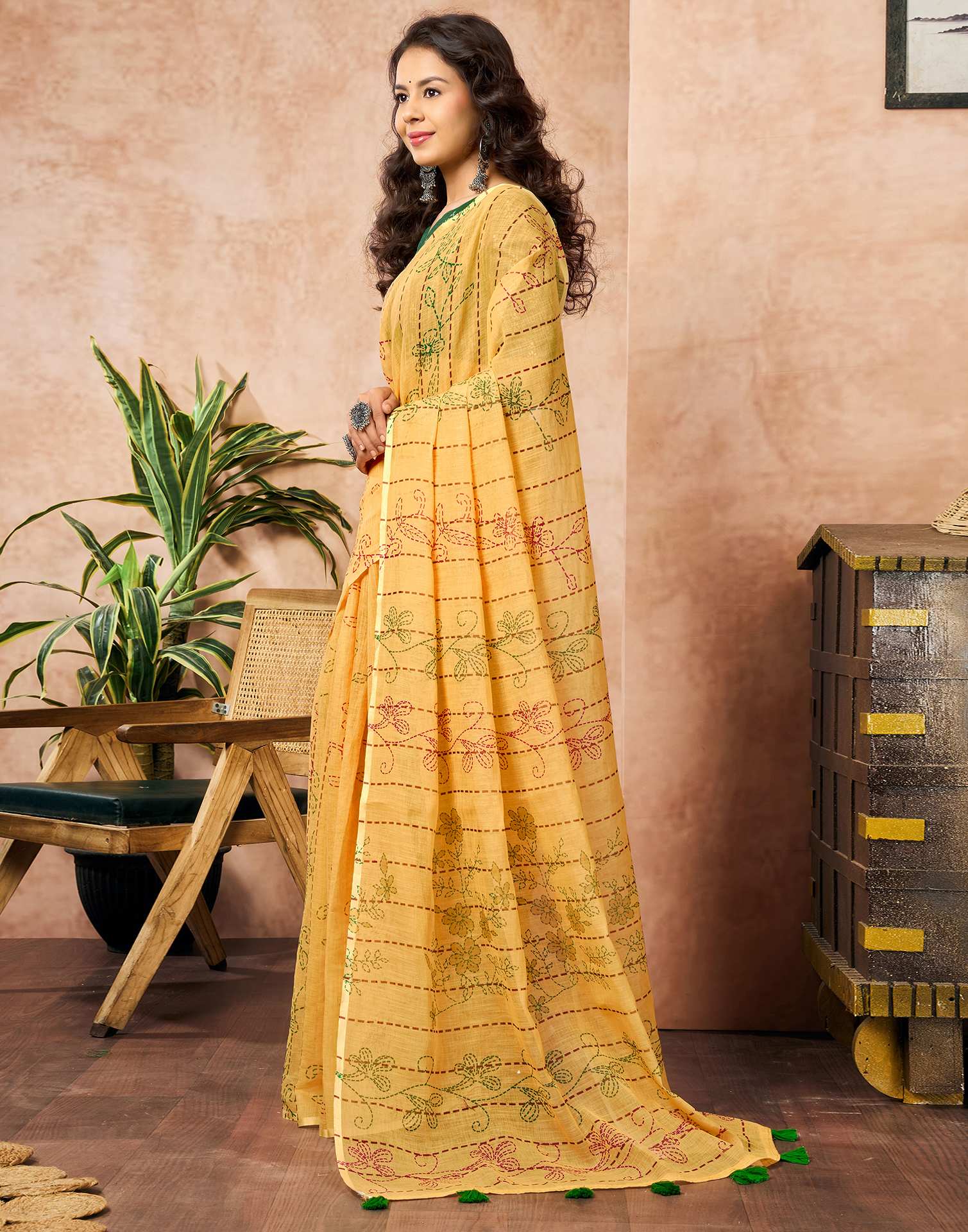 Yellow Linen Printed Saree
