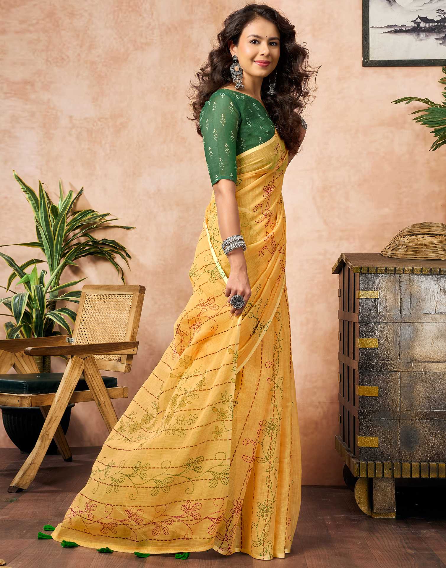 Yellow Linen Printed Saree