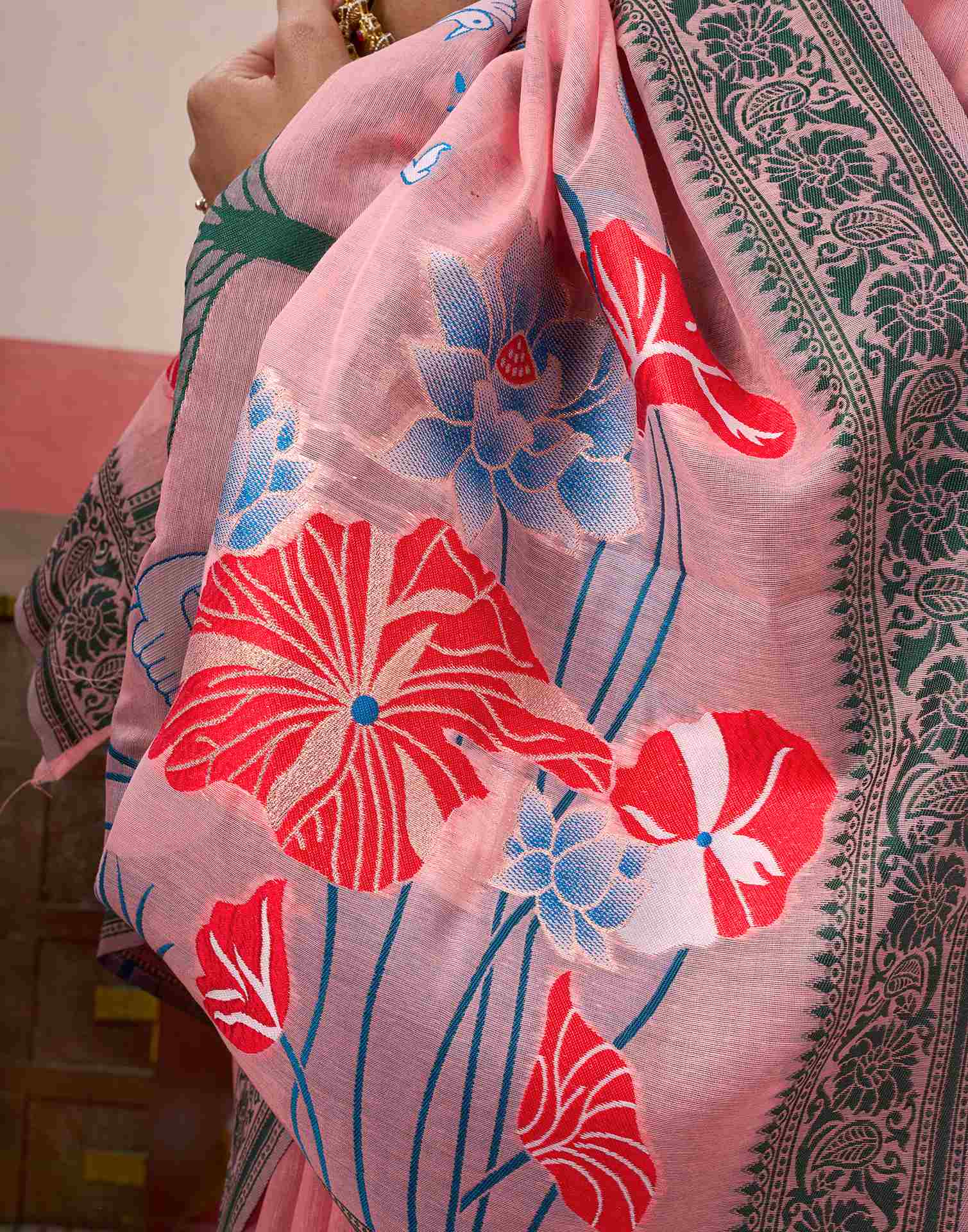 Light Peach Chanderi Woven Saree
