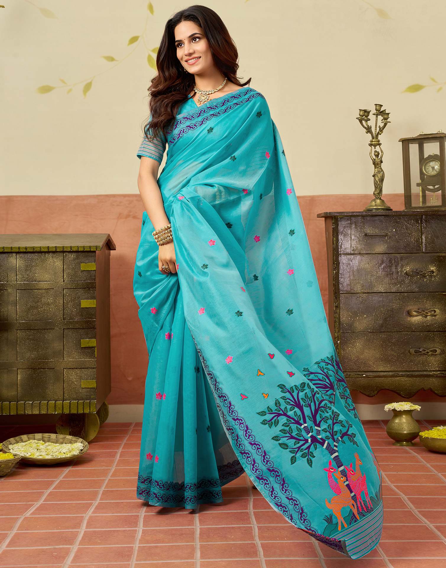 Turquoise Blue Chanderi Woven Saree