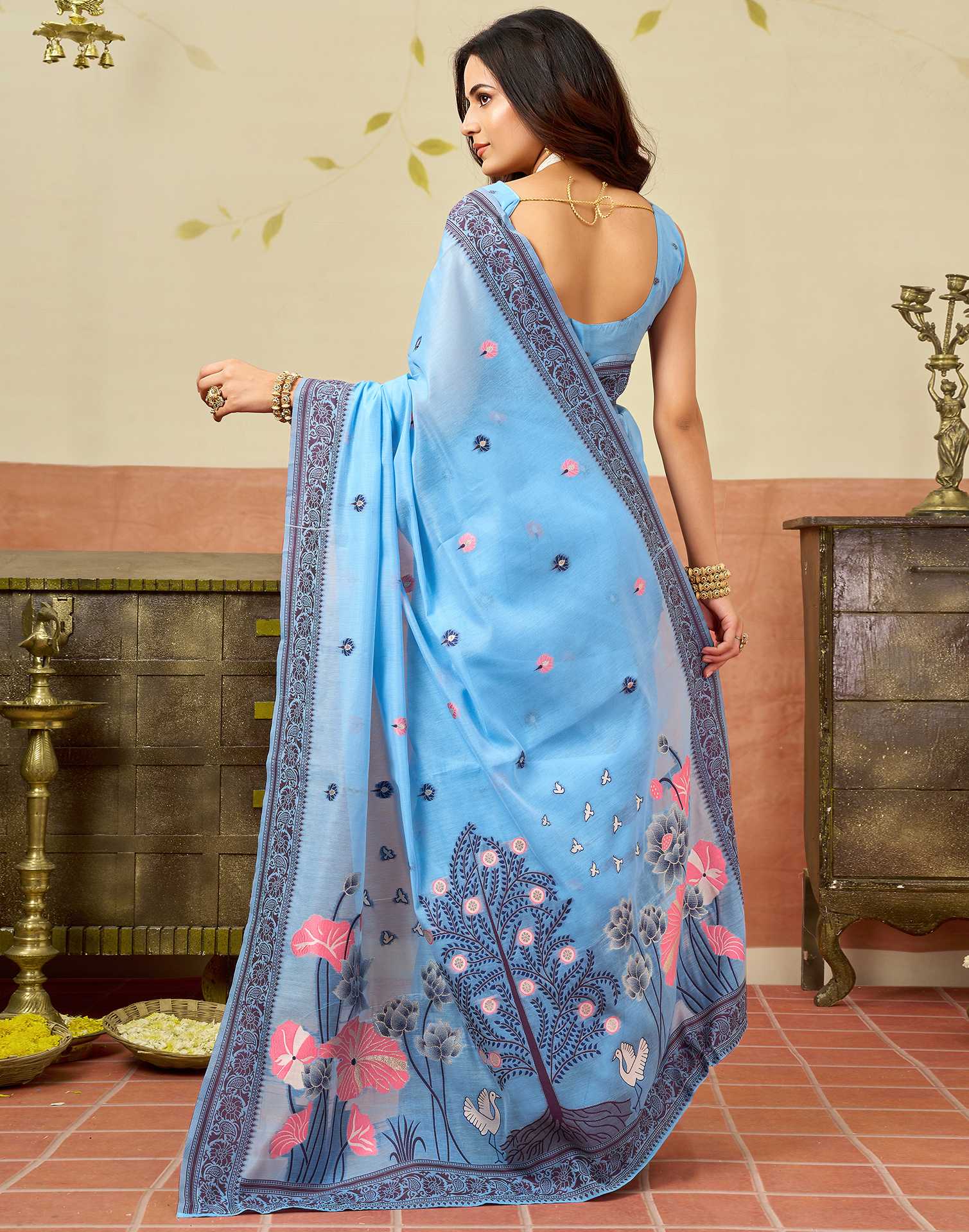 Sky Blue Chanderi Woven Saree