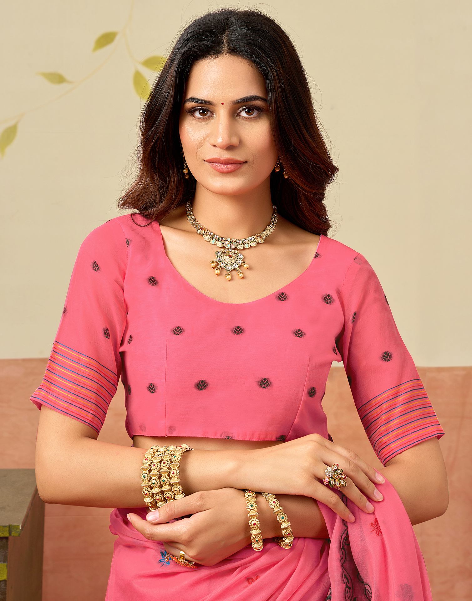 Coral Pink Chanderi Woven Saree