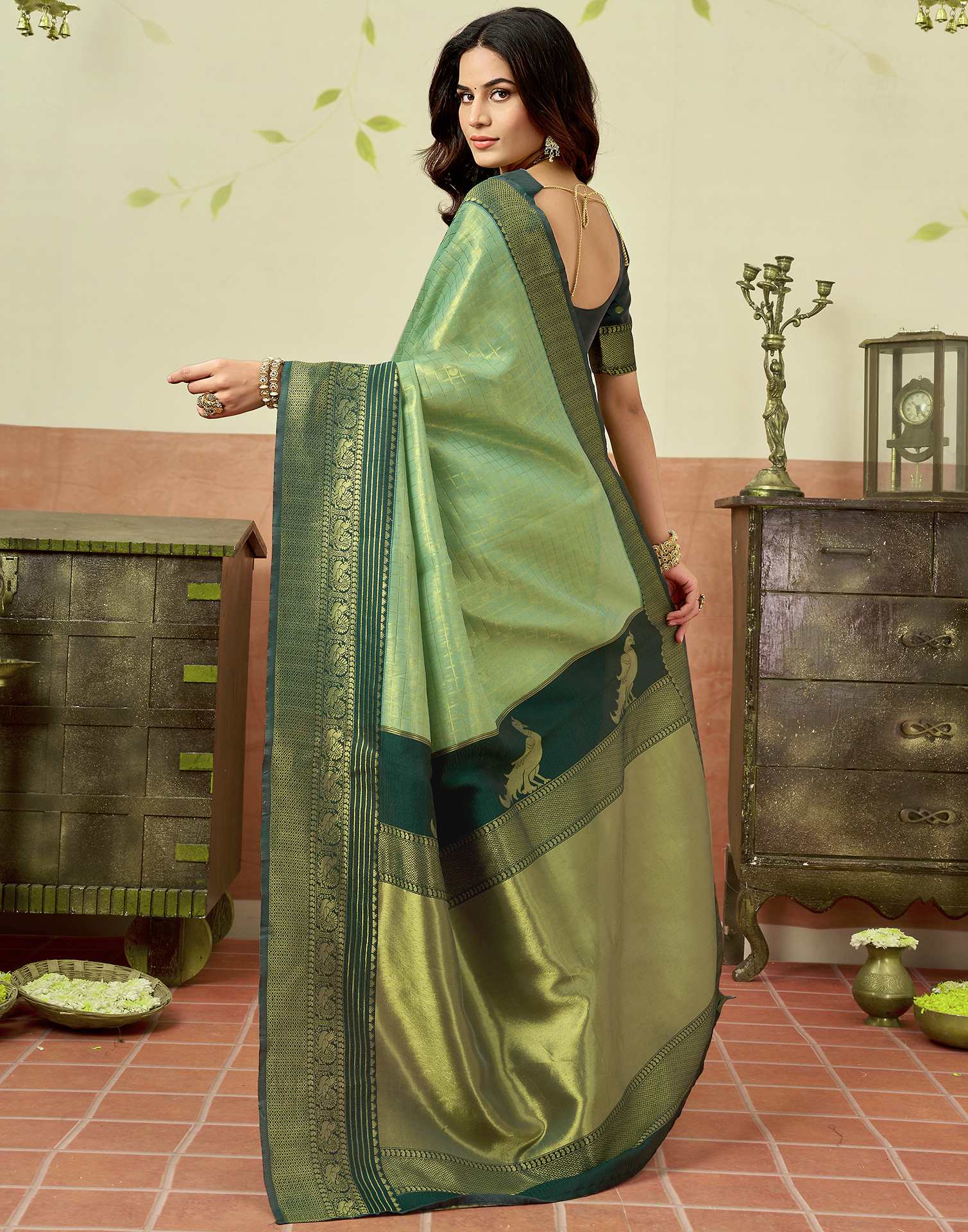 Pista Green Silk Woven Saree