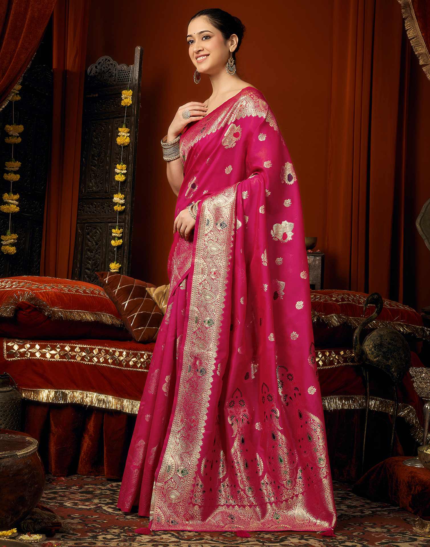 Pink Silk Woven Banarasi Saree