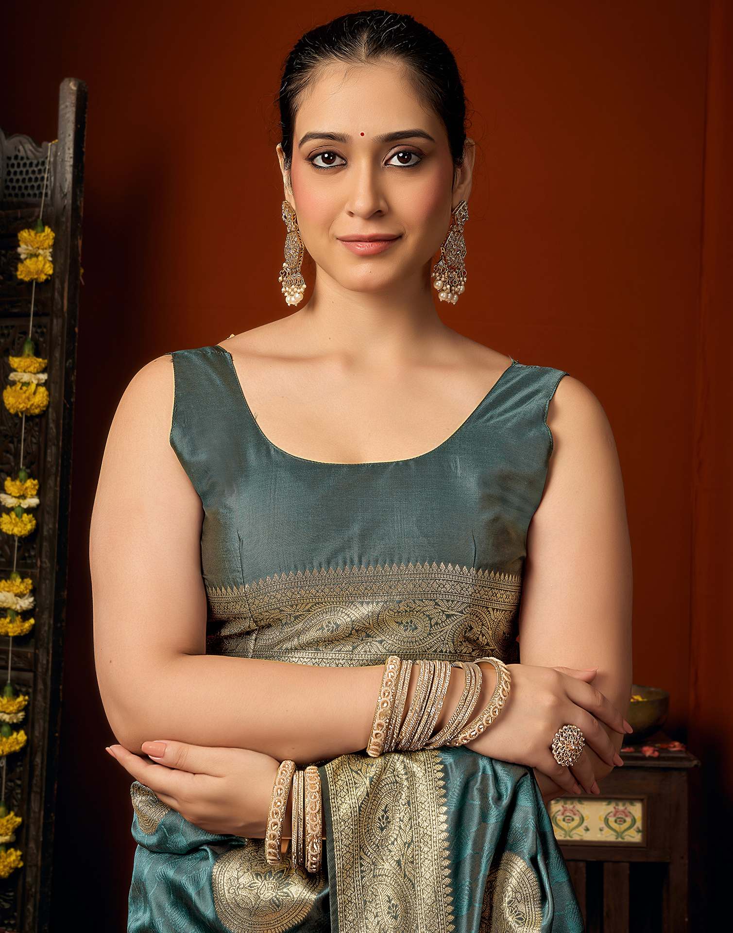 Dusty Rama Green Silk Woven Banarasi Saree