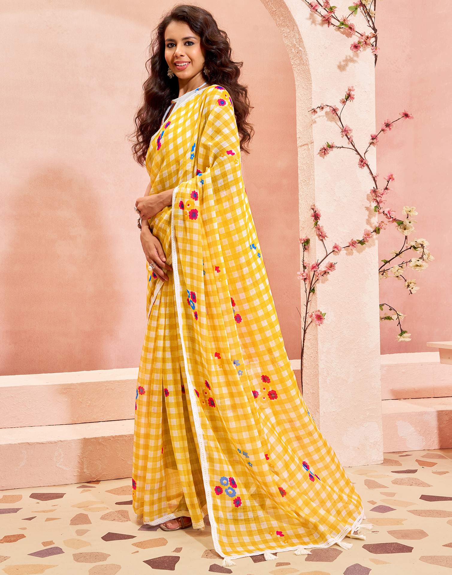 Yellow Linen Printed Saree