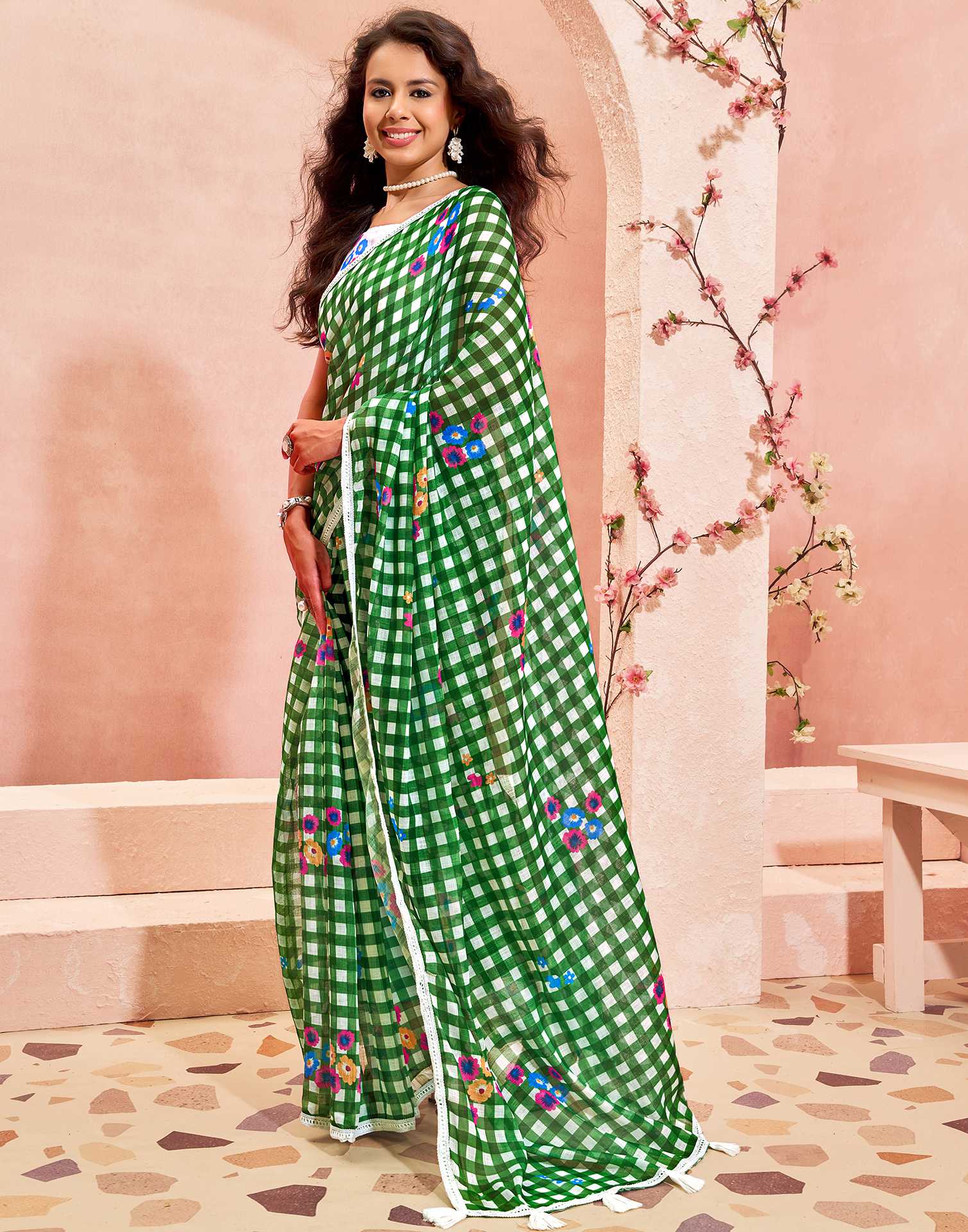 Green Linen Printed Saree