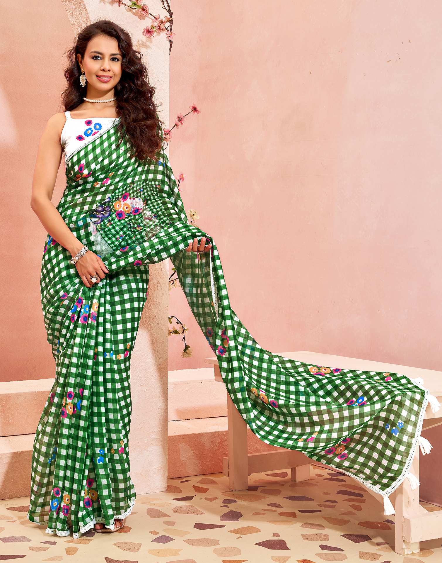 Green Linen Printed Saree