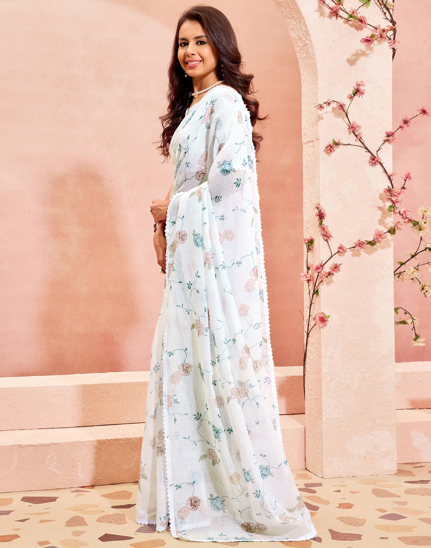 White Linen Printed Saree