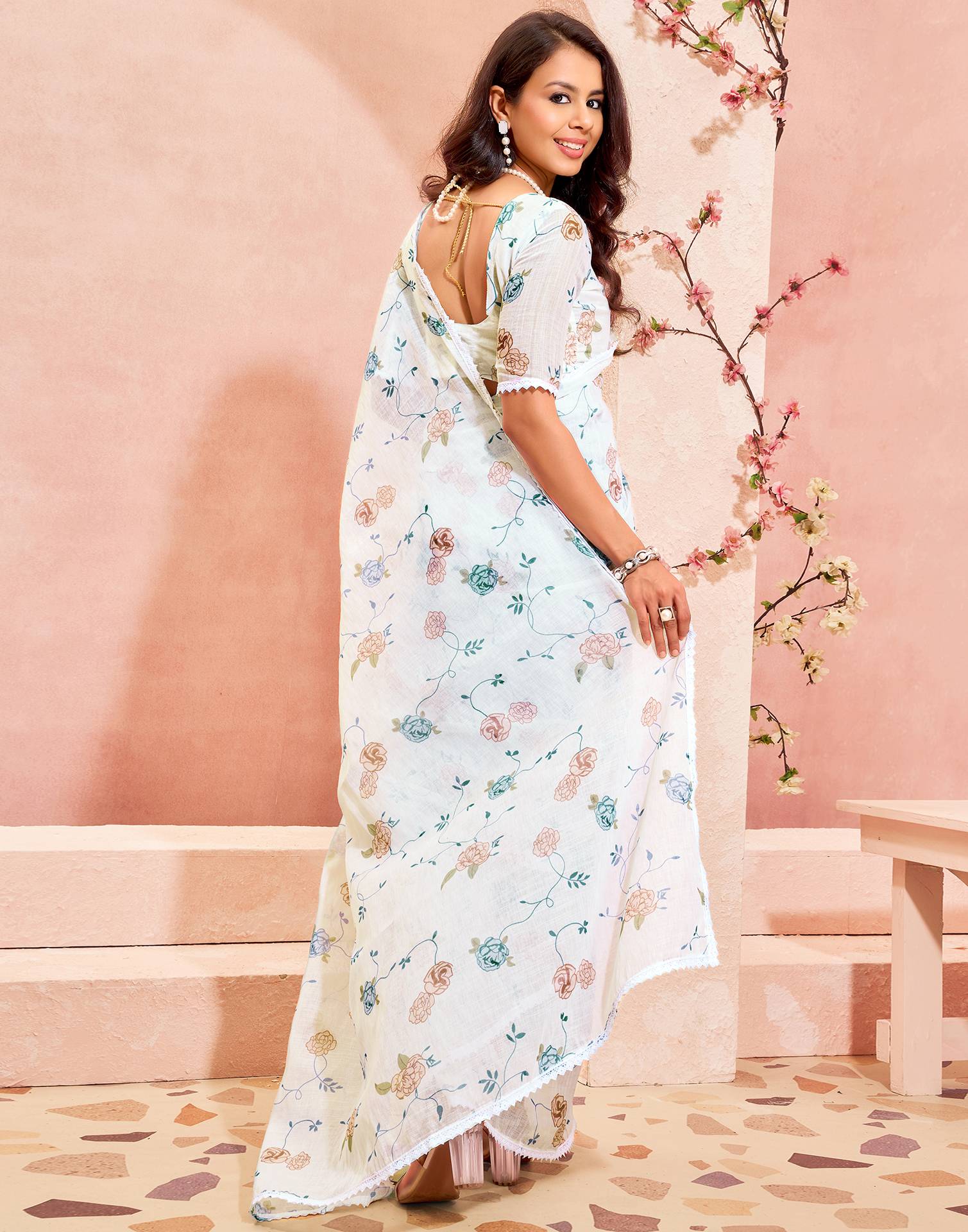 White Linen Printed Saree