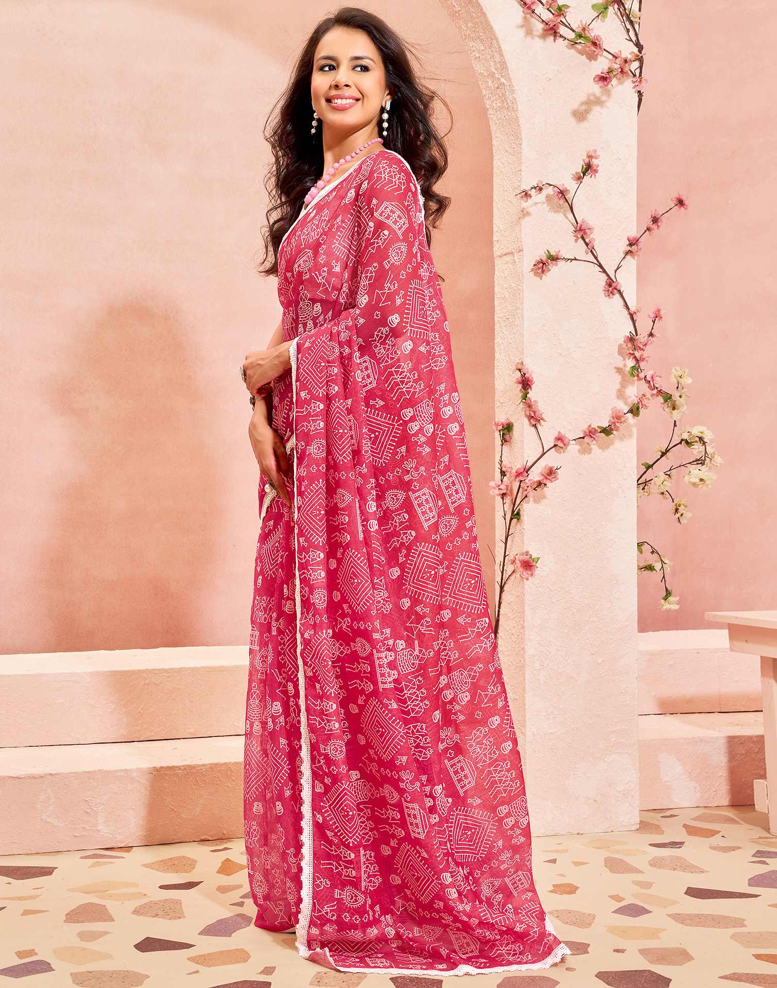 Pink Linen Warli Printed Saree
