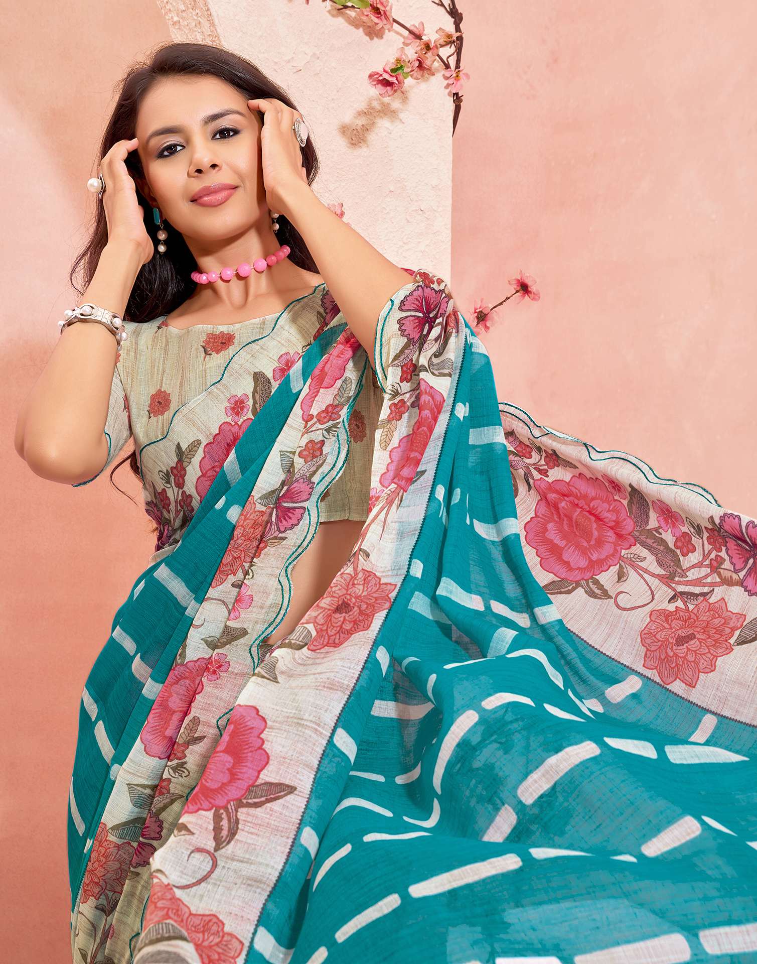 Sky Blue Linen Printed Saree