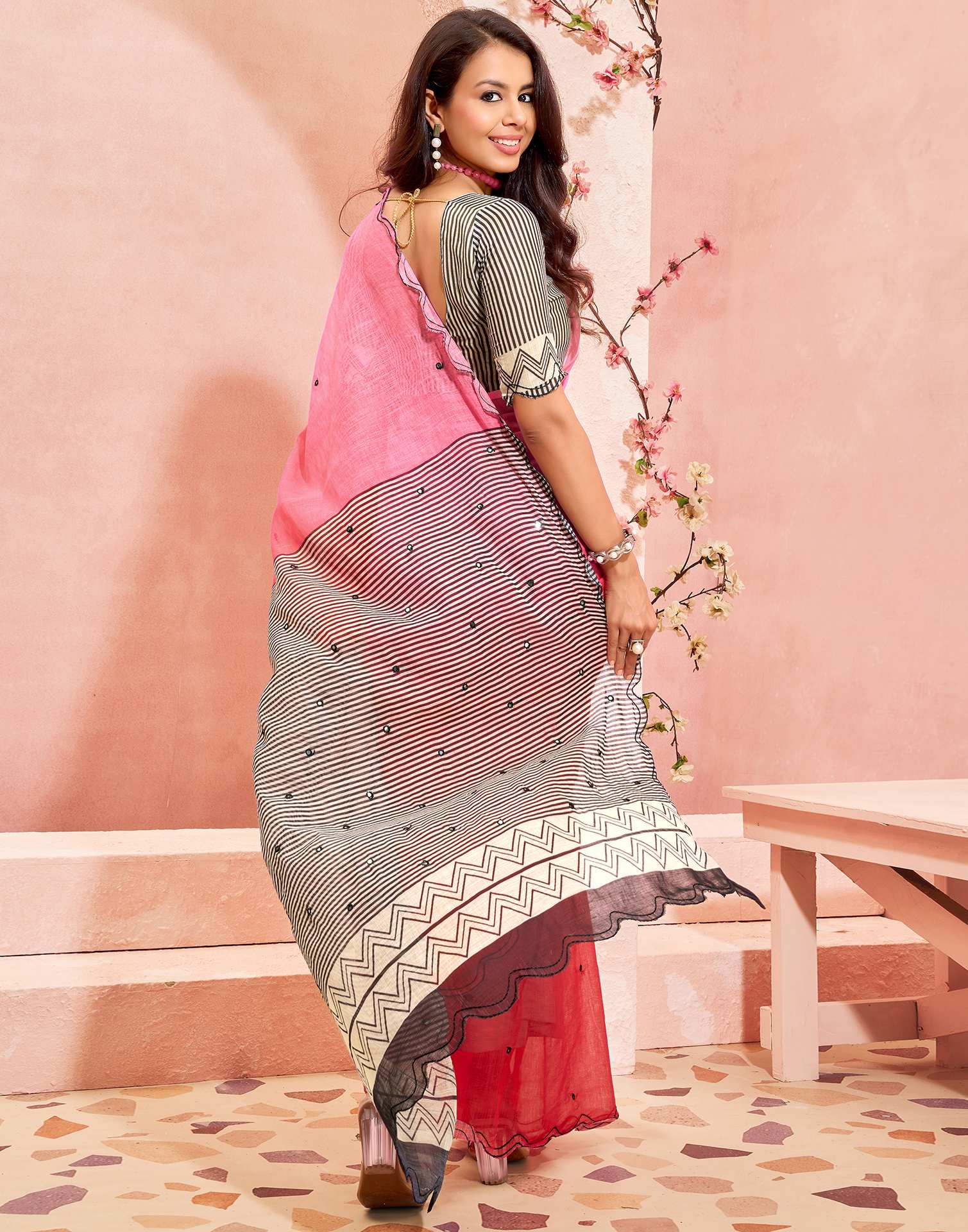 Dark Pink Linen Printed Saree