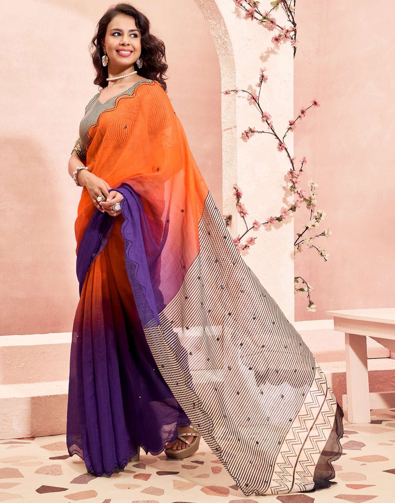 Orange Linen Printed Saree